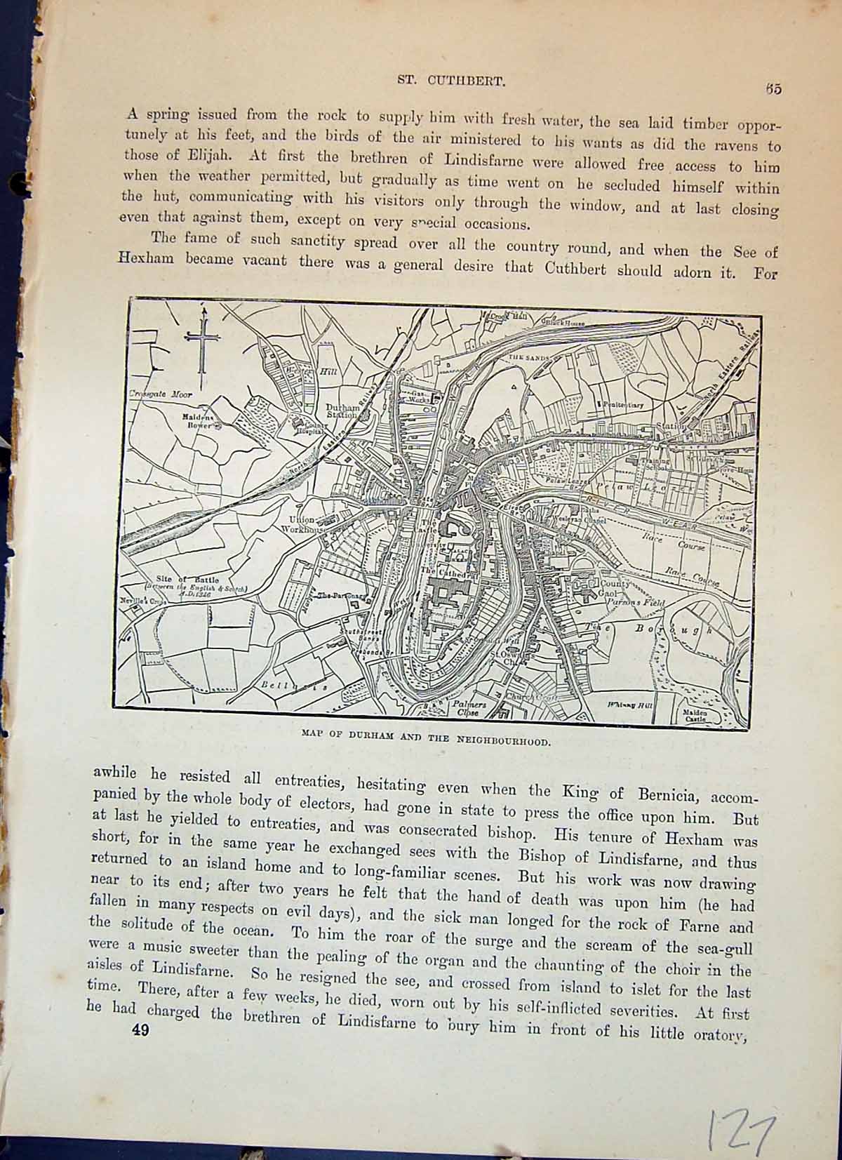 Old Antique Print Map Street Plan Durham England River Wear Cassell C1882 19th