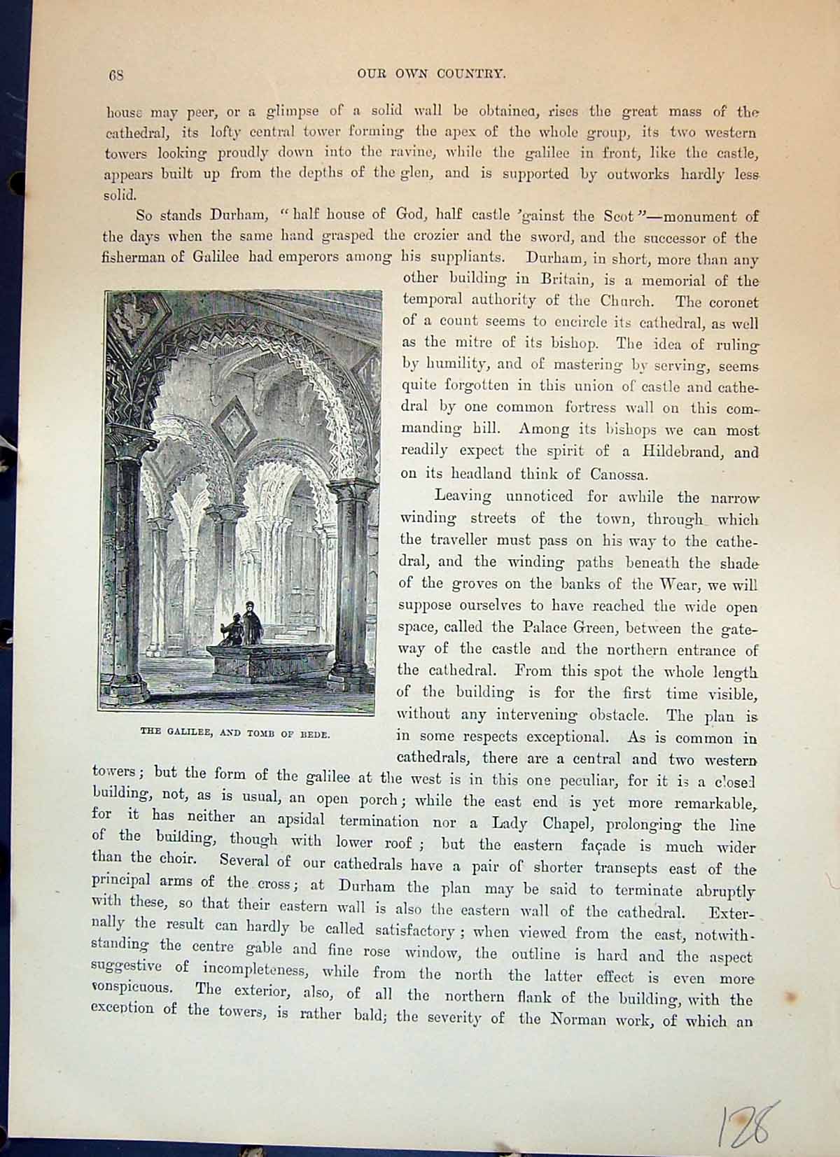 Original Old Antique Print Galilee Tomb Bede Durham Cathedral Cassell C1882