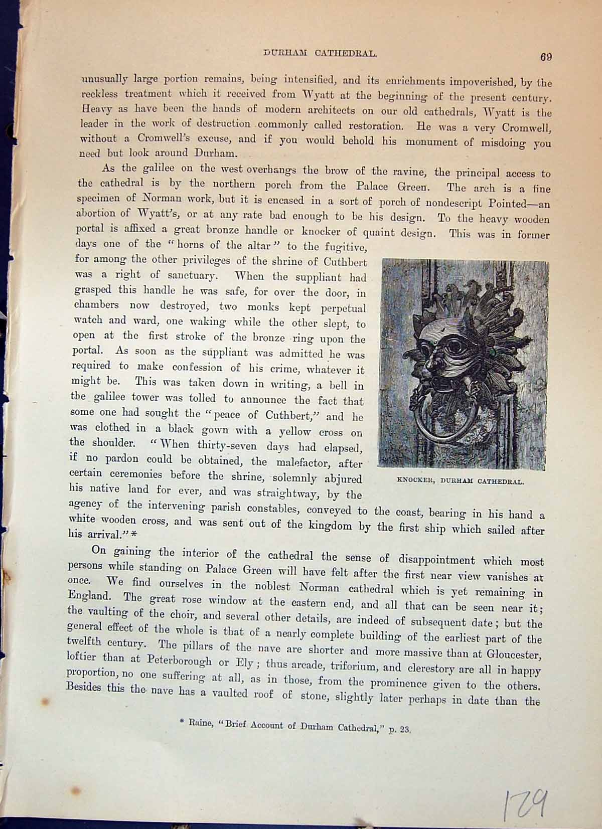 Original Old Antique Print Door Knocker Durham Cathedral England Cassell C1882