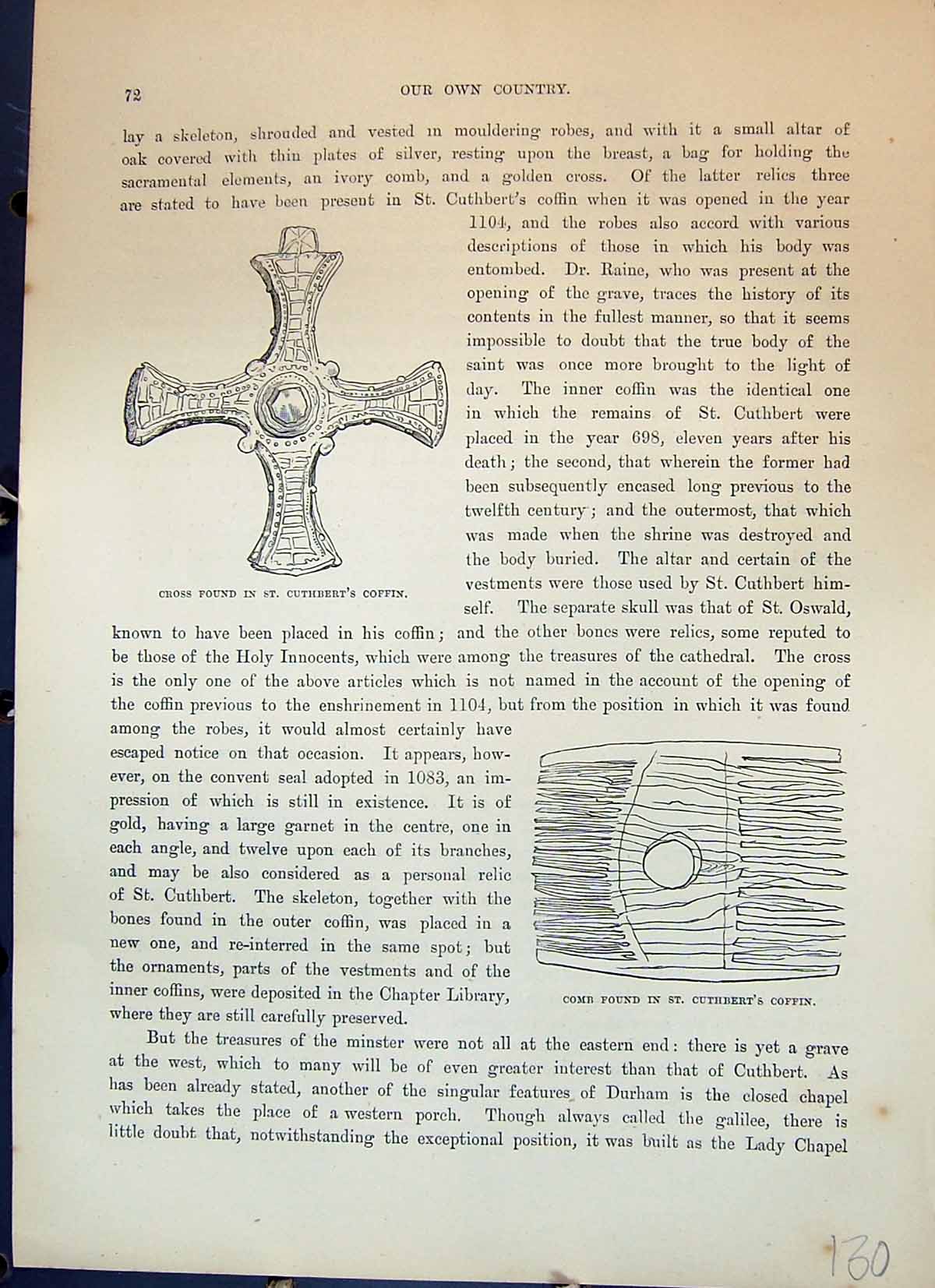 Original Old Antique Print Cross St. Cuthbert'S Cfin Comb Cassell C1882 19th