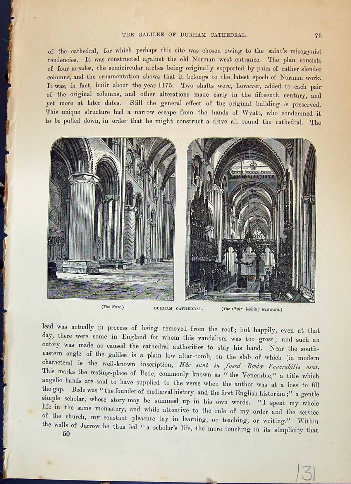 Old Antique Print Durham Cathedral Nava Choir Architecture Cassell C1882 19th