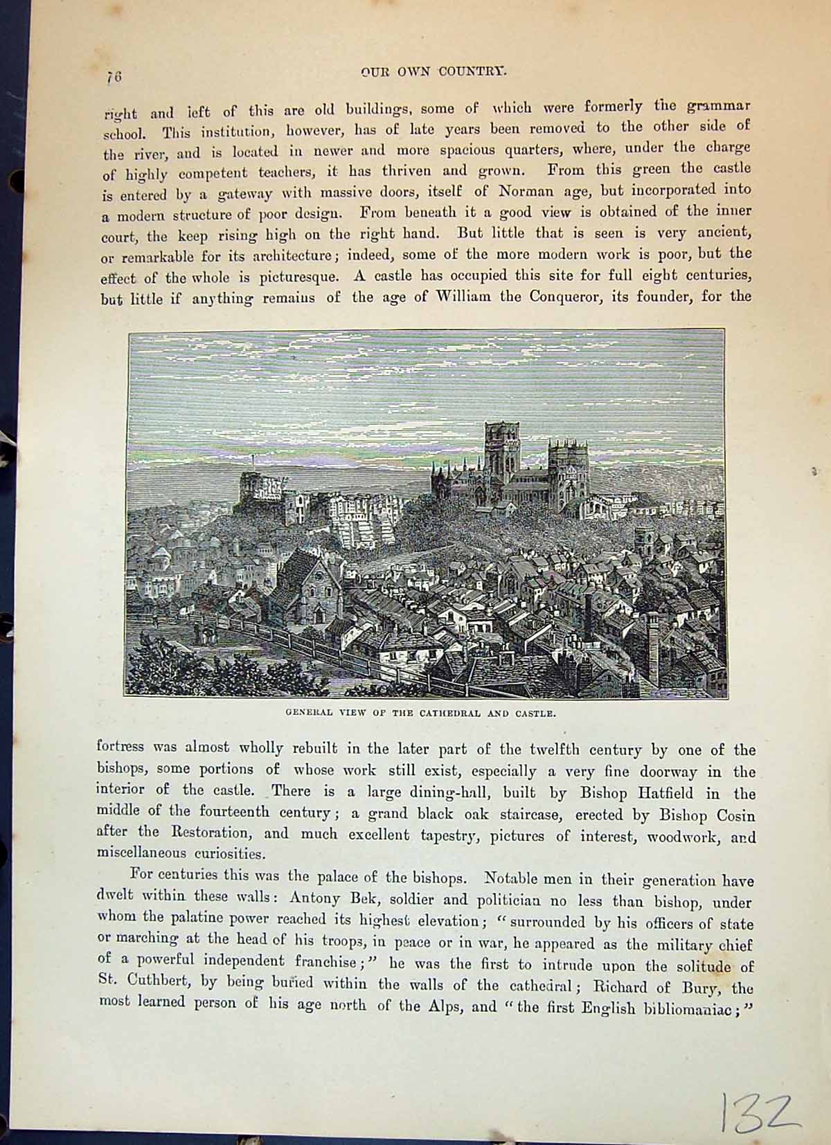 Old Antique Print View Durham Cathedral Castle Architecture Cassell C1882 19th