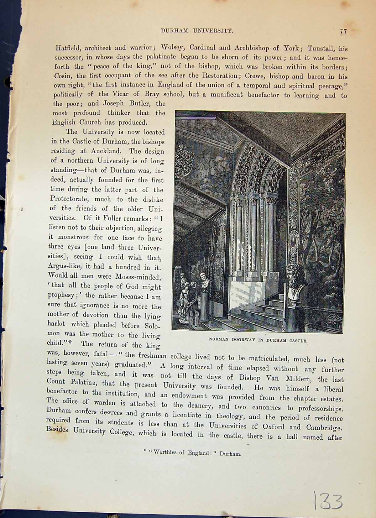 Old Antique Print Norman Doorway Durham Castle Architecture Cassell C1882 19th
