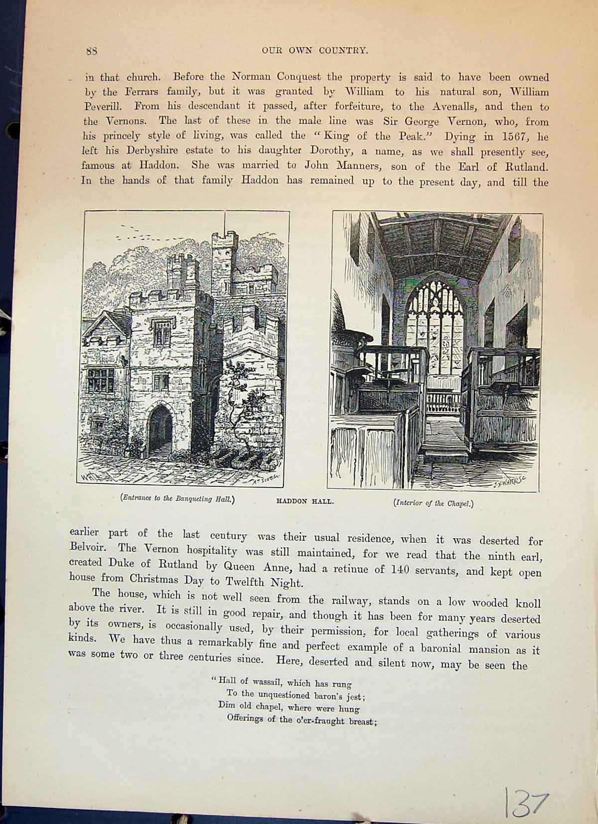 Antique Old Print Haddon Hall Banqueting Hall Interior Chapel Cassell C1882