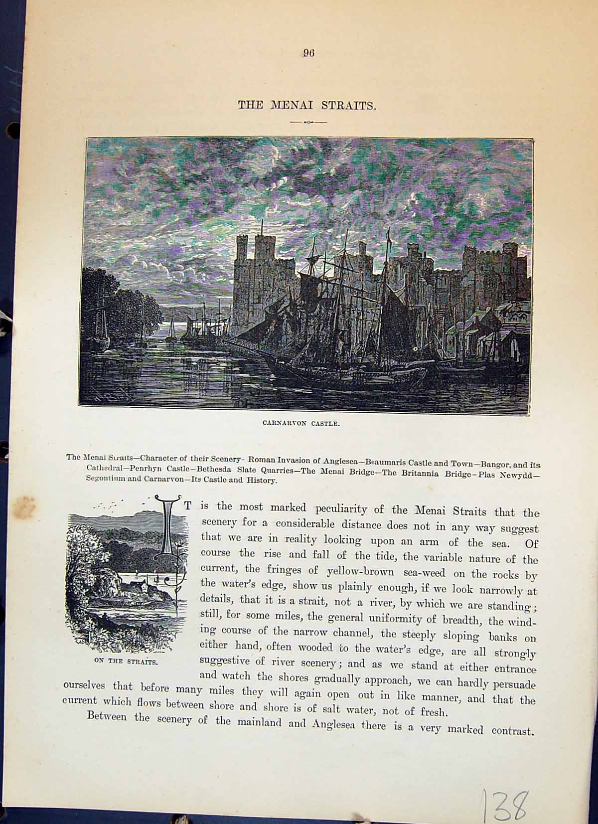 Original Old Antique Print Carnarvon Castle Menai Straits Boats Cassell C1882