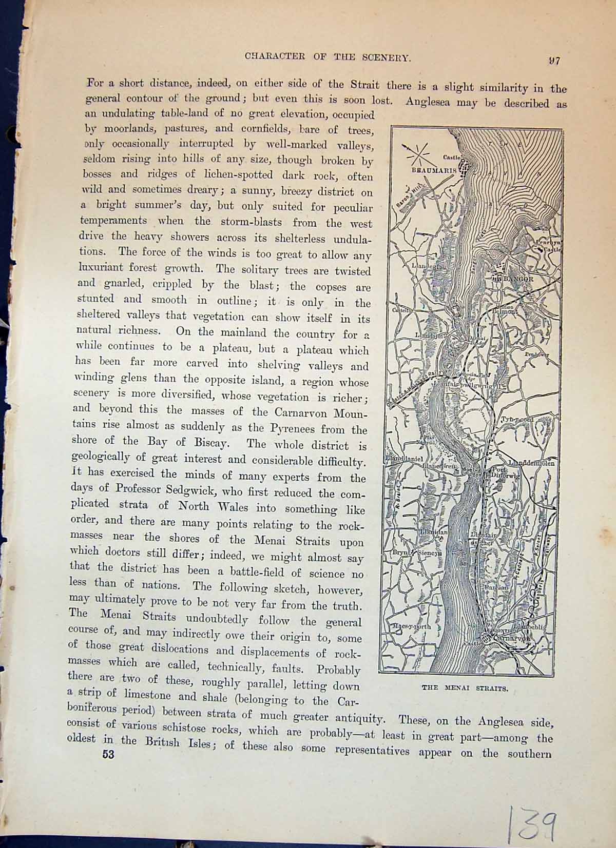 Original Old Antique Print Map Menai Straits Beaumaris Carnarvon Cassell C1882