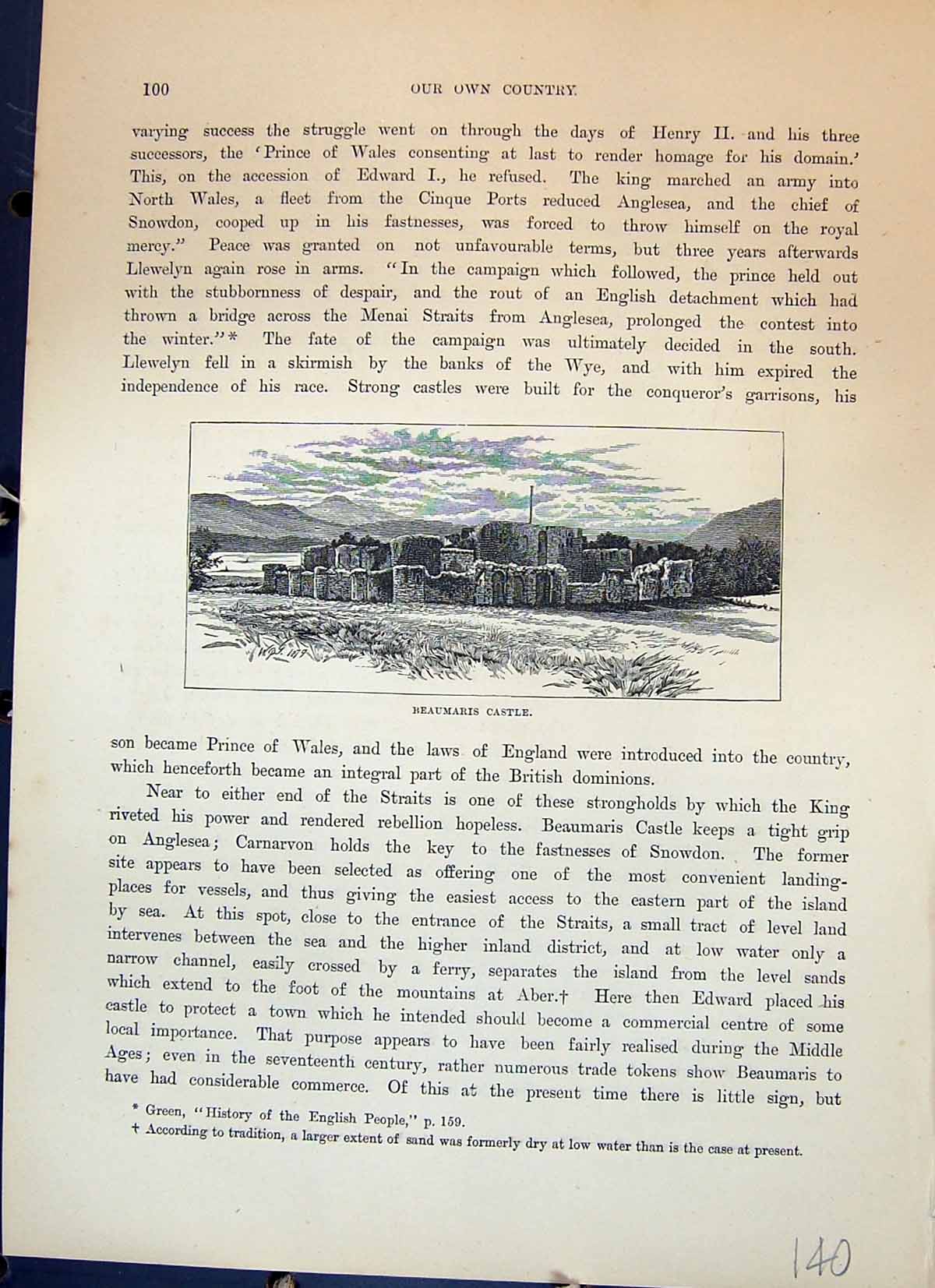 Original Old Antique Print Beaumaris Castle Ruins Wales Cassell C1882 Victorian