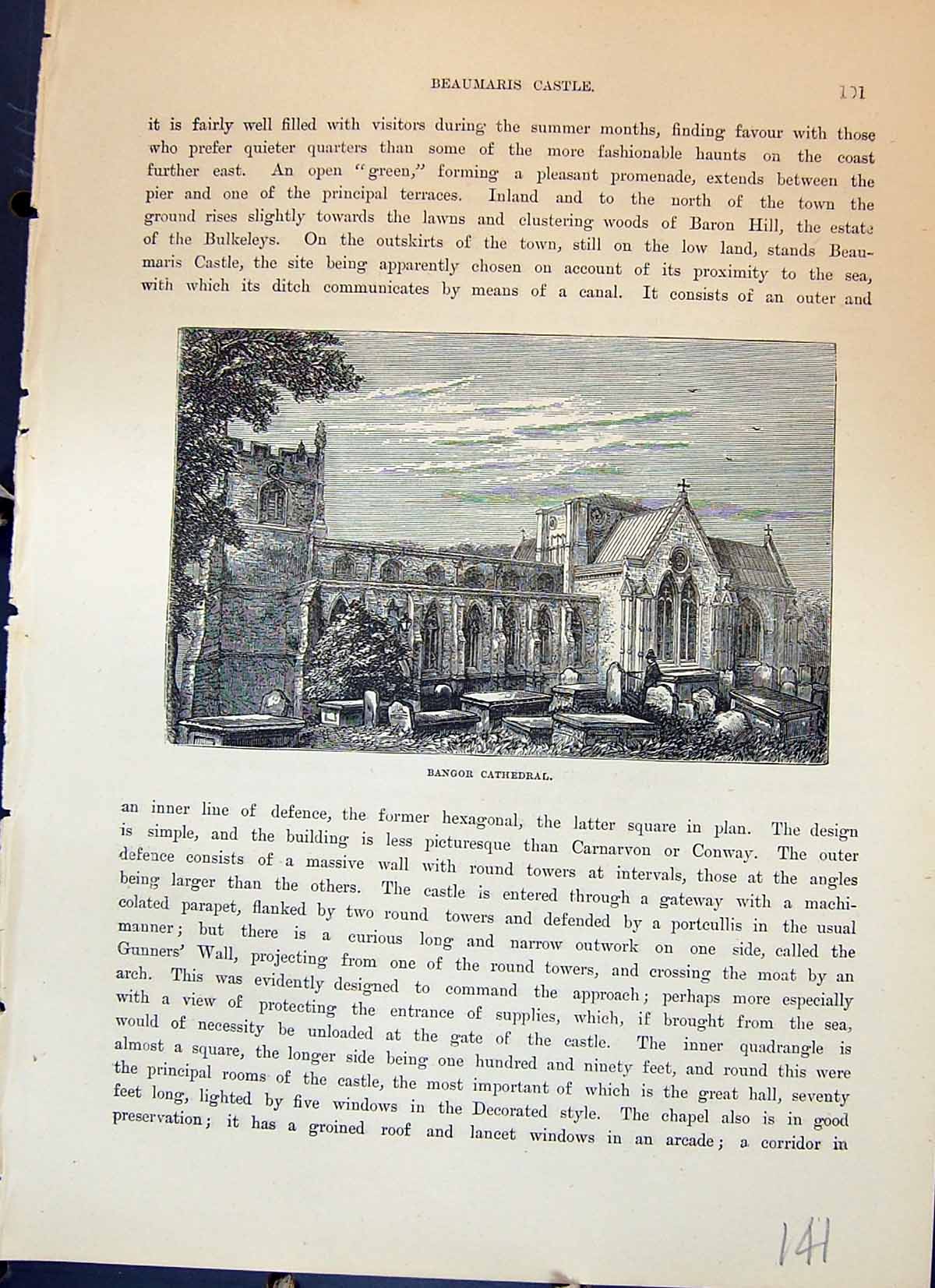 Original Old Antique Print Bangor Cathedral Architecture Cassell C1882 19th
