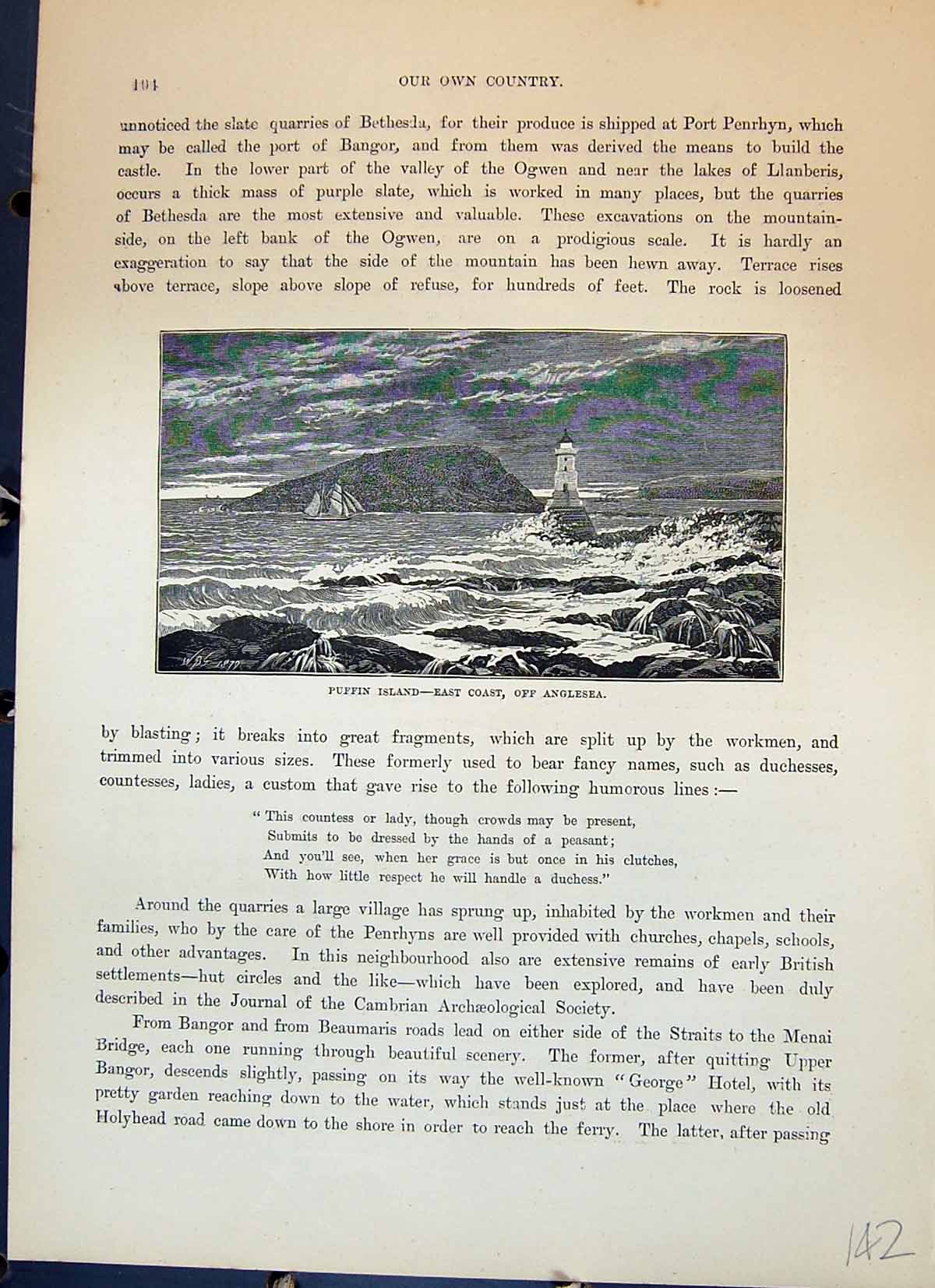 Antique Old Print Puffin Island Anglesea Lighthouse Ship Sea Cassell C1882 19th