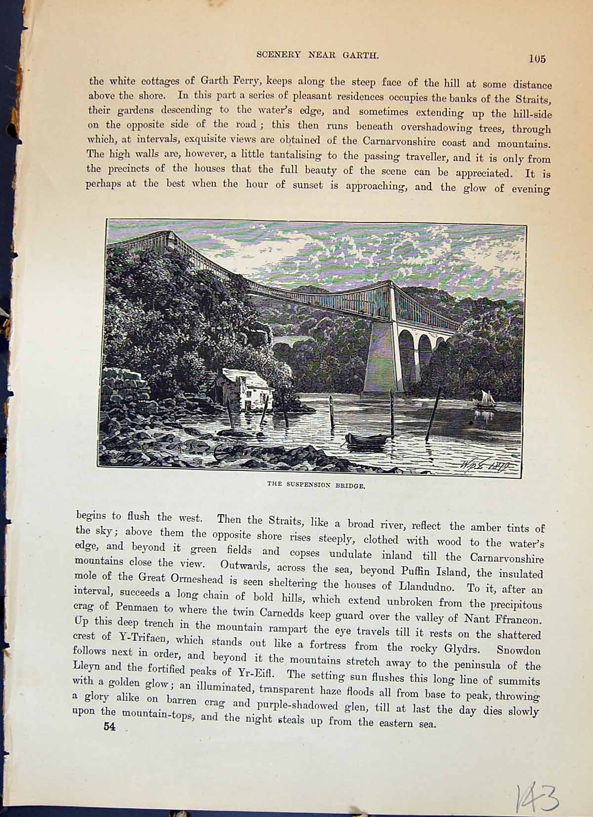 Original Old Antique Print Suspension Bridge River Garth Cassell C1882 19th