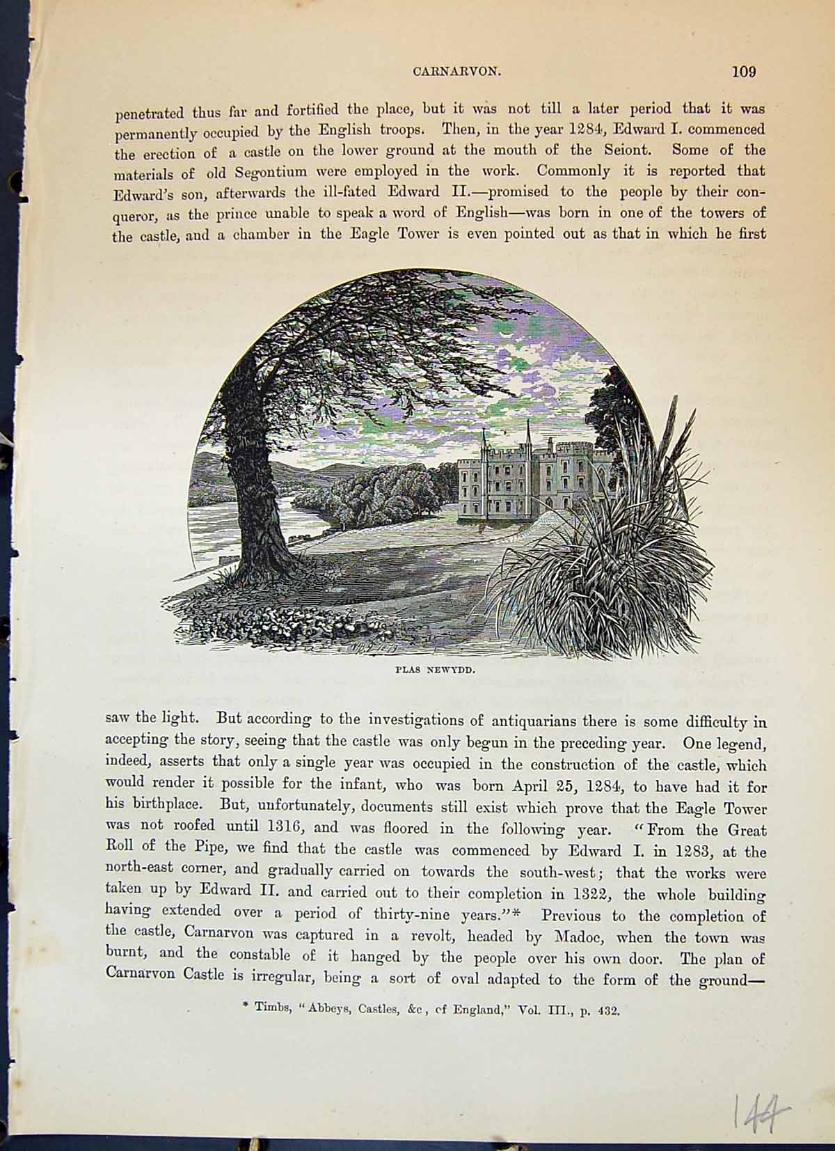 Original Old Antique Print Plas Newydd Carnarvon Architecture Cassell C1882