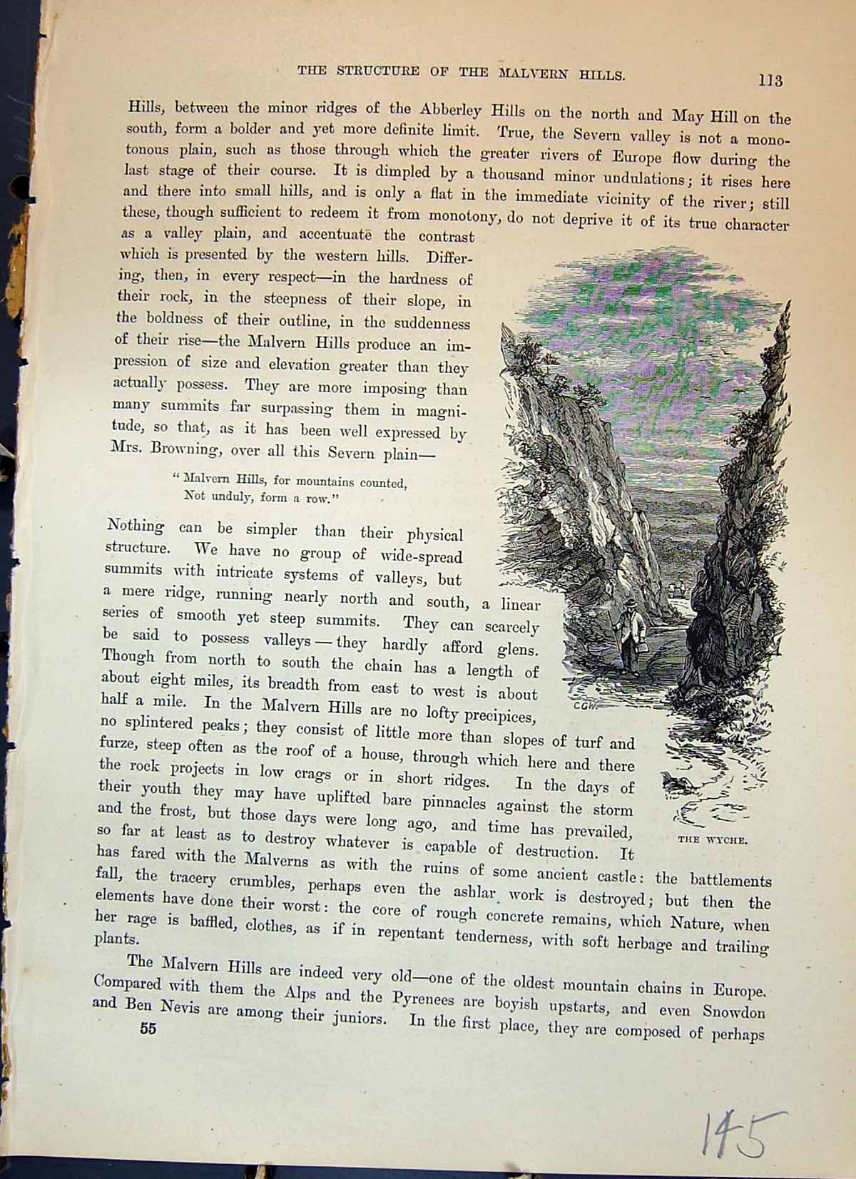 Original Old Antique Print Wyche Malvern Hills Man Walking Cassell C1882 19th