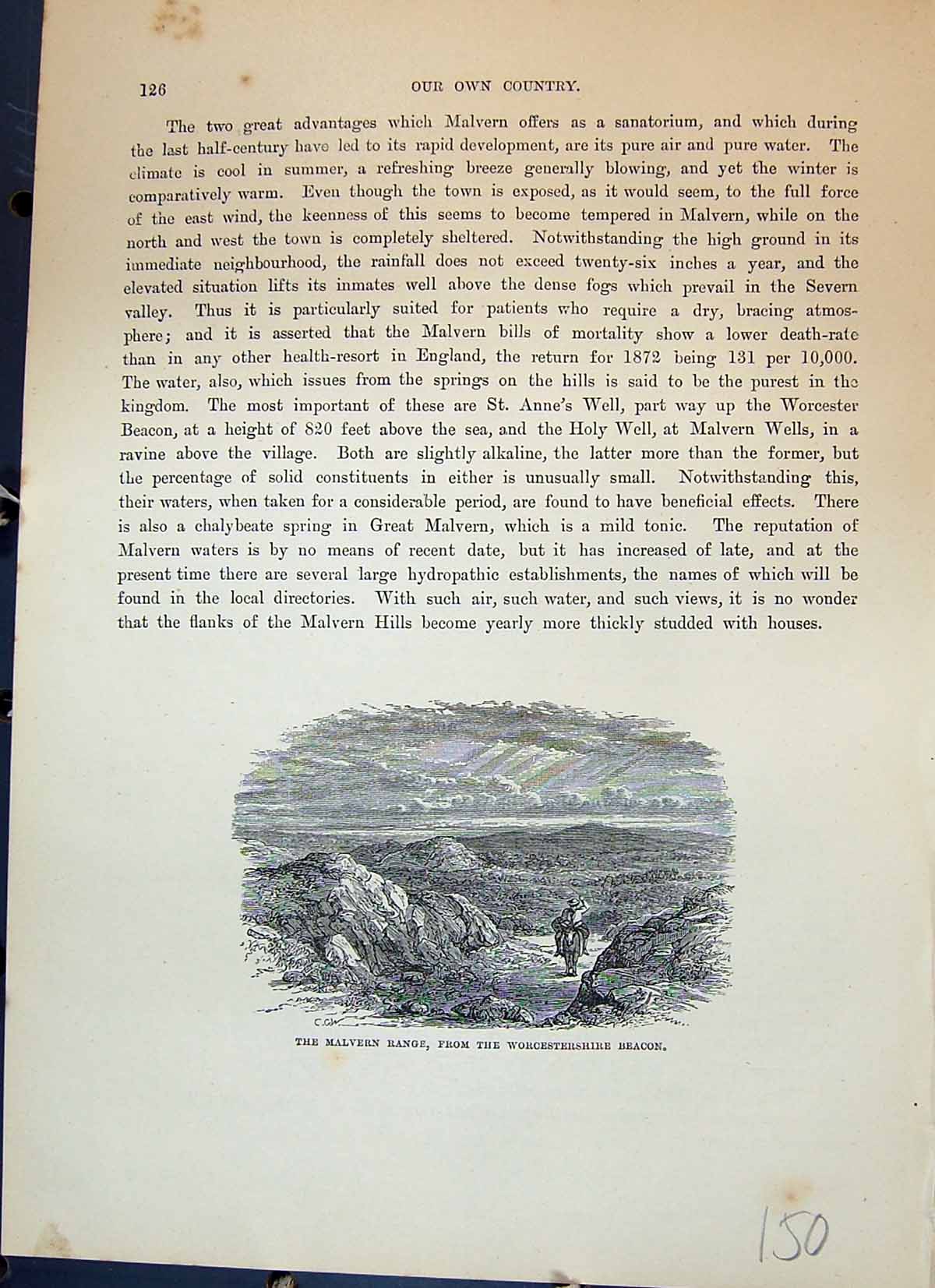 Original Old Antique Print Malvern Range Worcestershire Beacon Cassell C1882