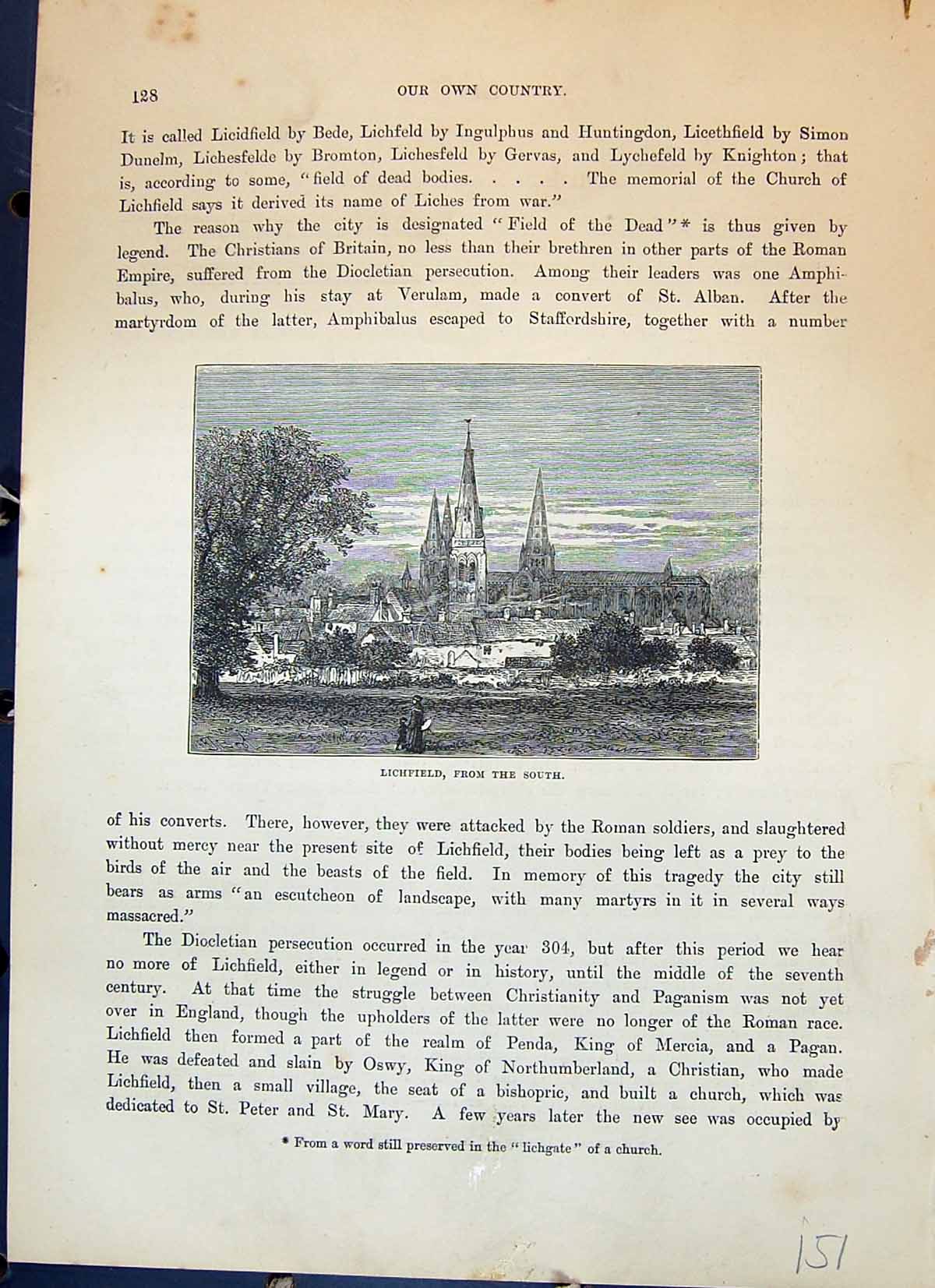 Old Antique Print Lichfield Cathedral Architecture England Cassell C1882 19th