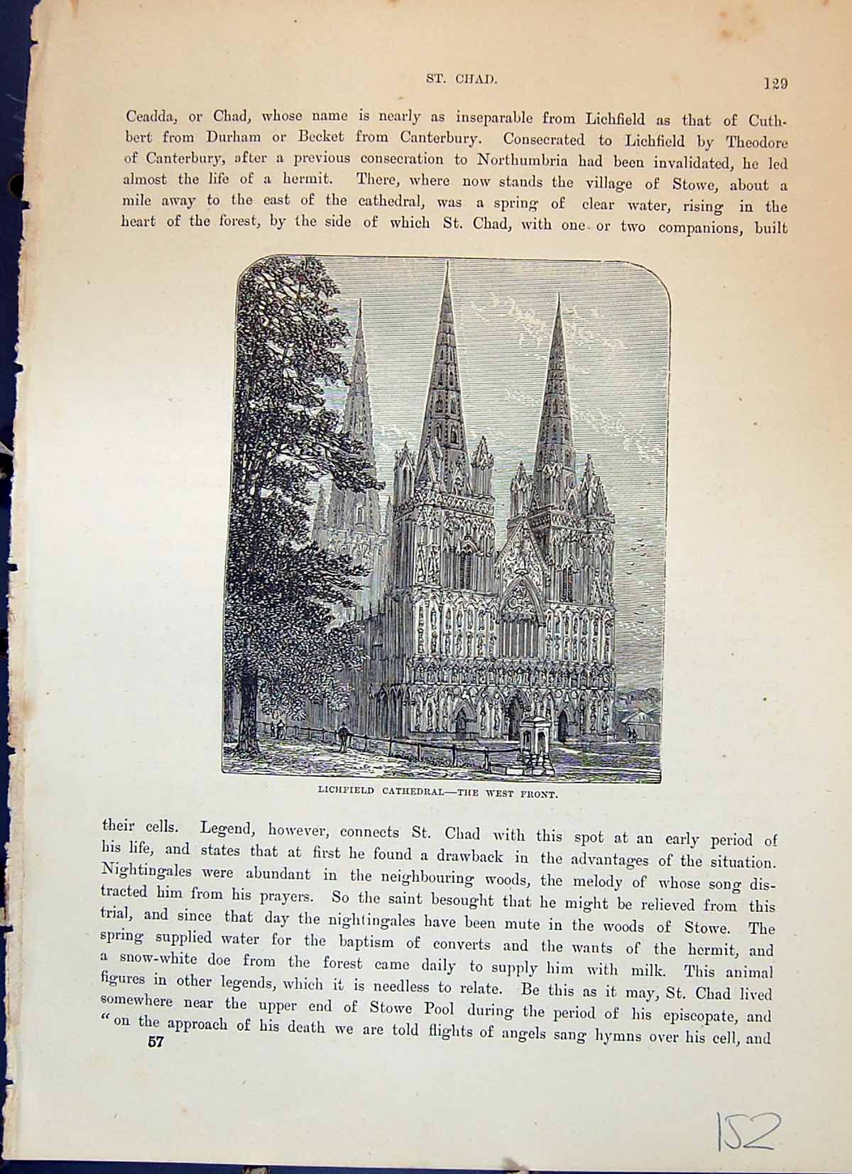 Antique Old Print Lichfield Cathedral West Front Architecture Cassell C1882