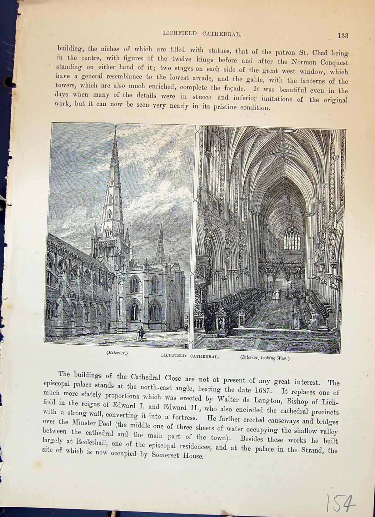 Old Antique Print Lichfield Cathedral Exterior Architecture Cassell C1882 19th