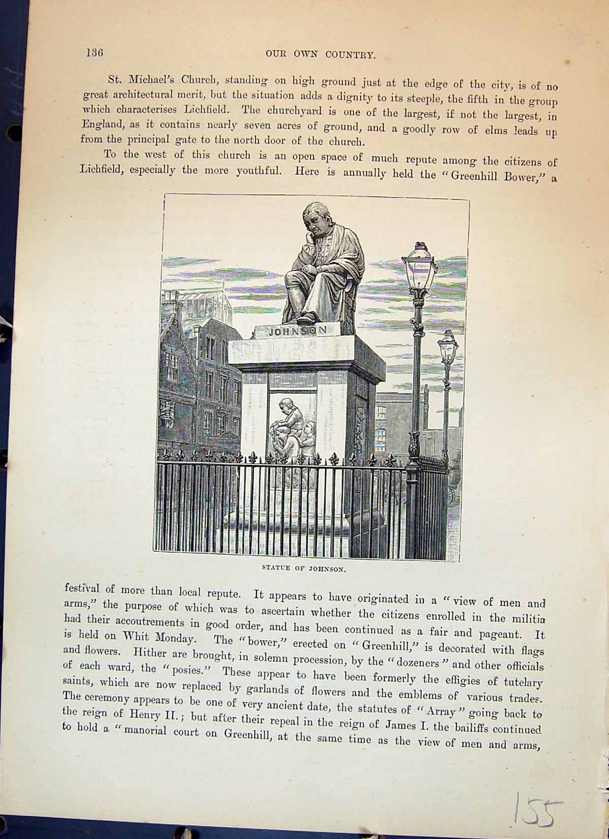 Original Old Antique Print Statue Johnson Lichfield Architecture Cassell C1882