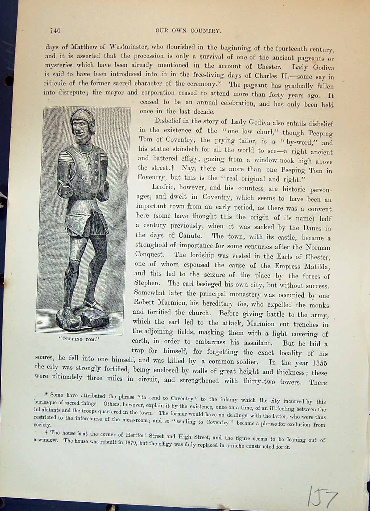 Original Old Antique Print Staute Peeping Tom Cassell C1882 19th