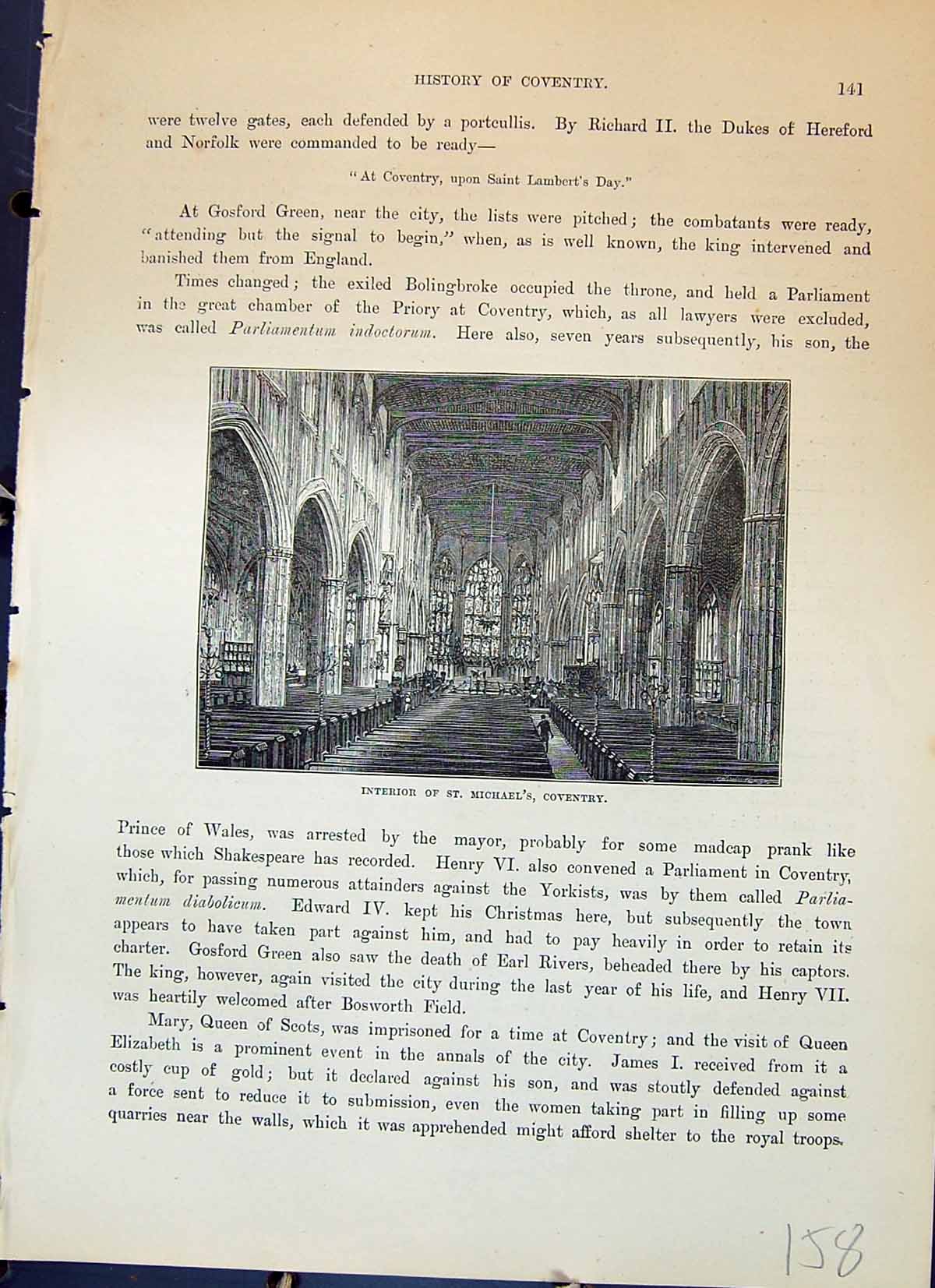 Original Old Antique Print Interior St. Michael'S Church Coventry Cassell C1882