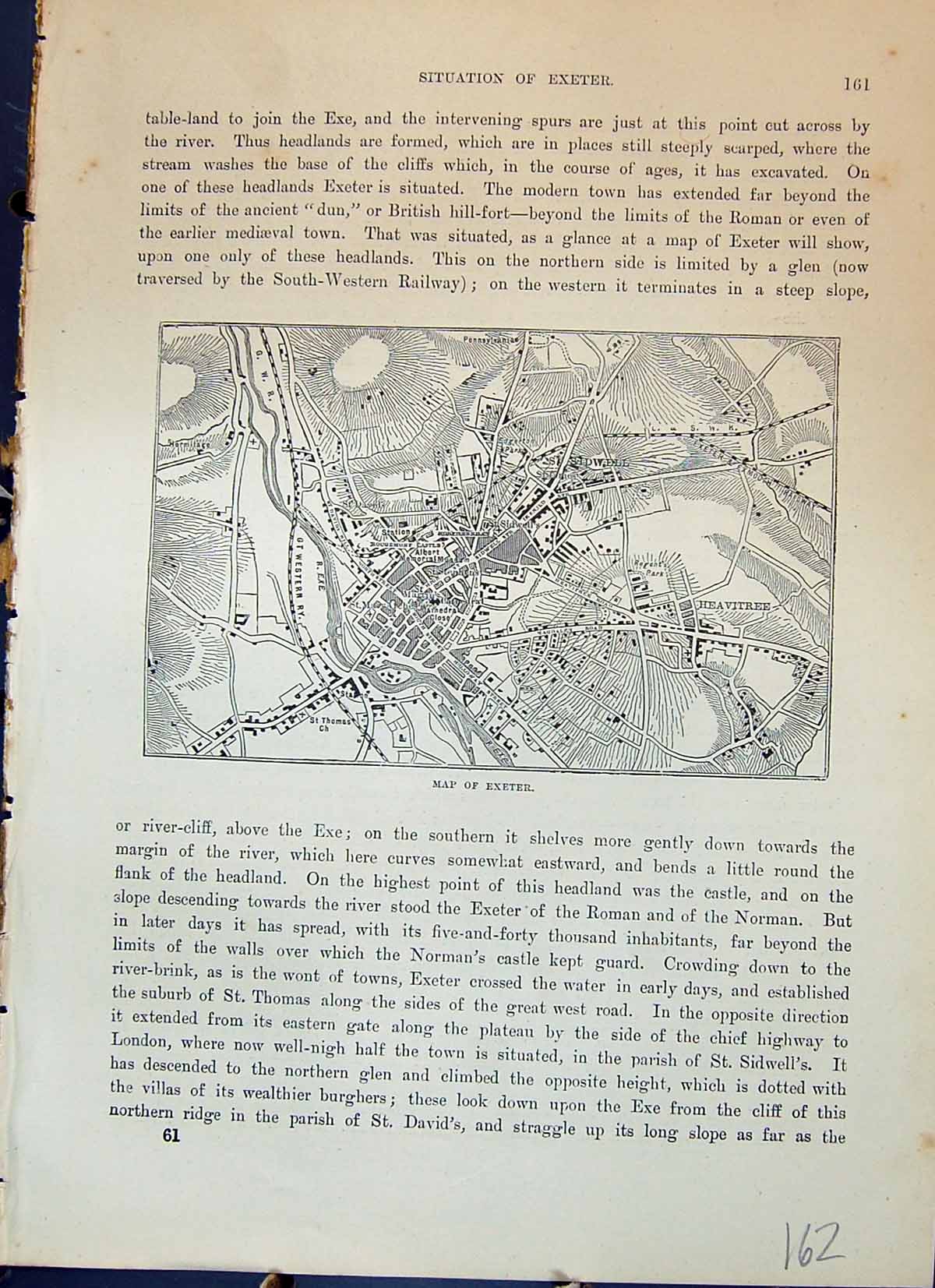 Old Antique Print Map Street Plan Exeter England Heavitree Cassell C1882 19th