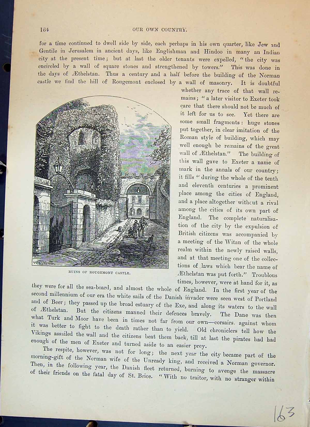 Original Old Antique Print Ruins Rougemont Castle Exeter England Cassell C1882