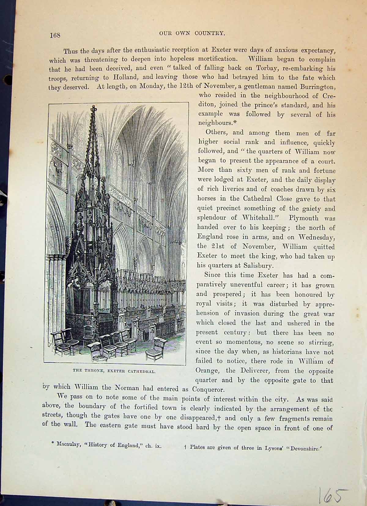 Original Old Antique Print Throne Exeter Cathedral England Cassell C1882 19th