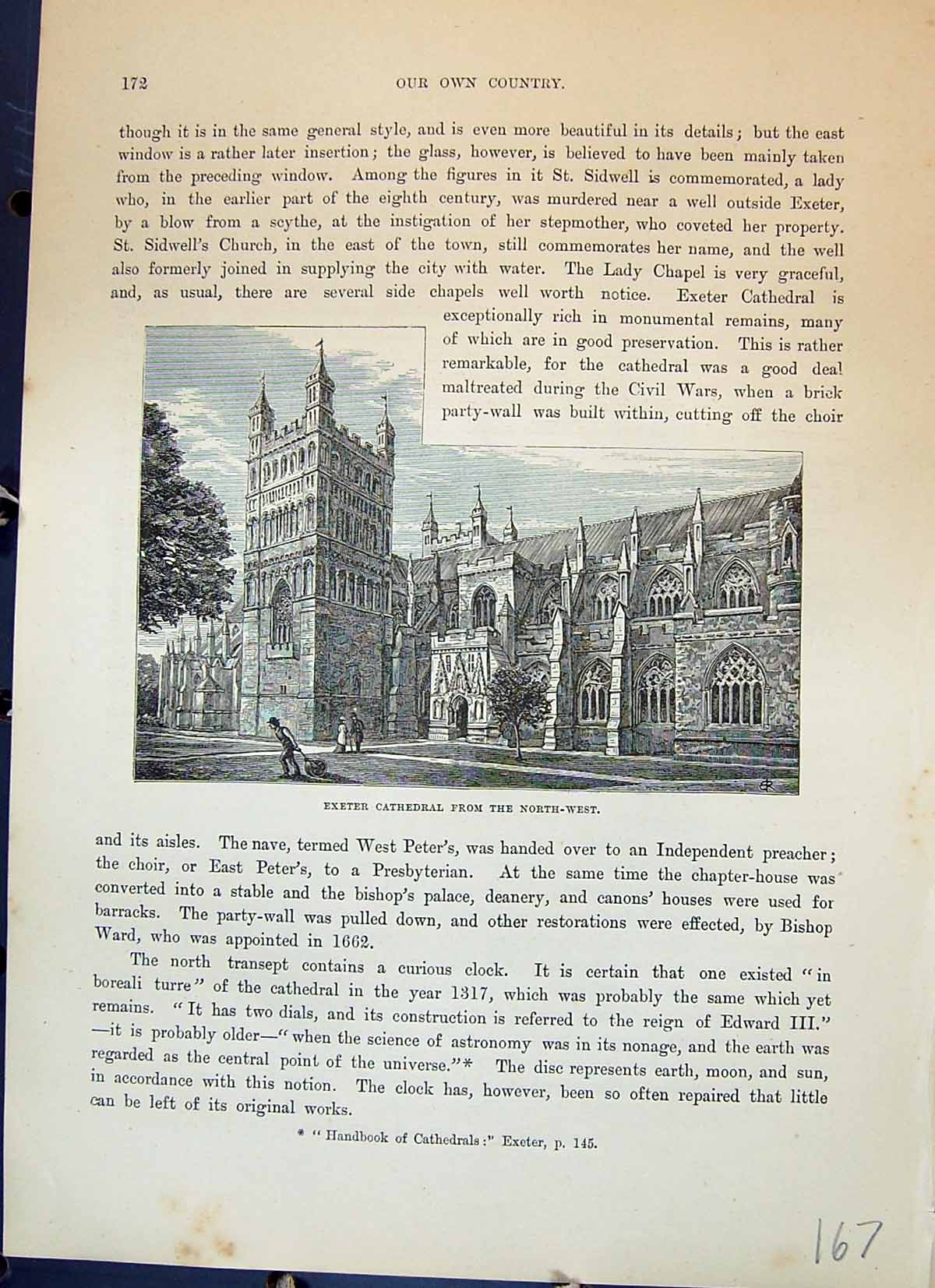 Antique Print Exterior Exeter Cathedral Architecture England Cassell C1882 19th