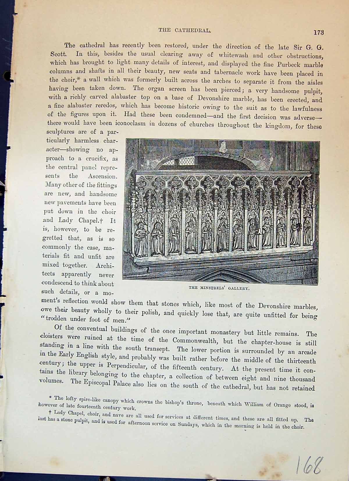 Antique Old Print Minstrels Gallery Exeter Cathedral England Cassell C1882 19th
