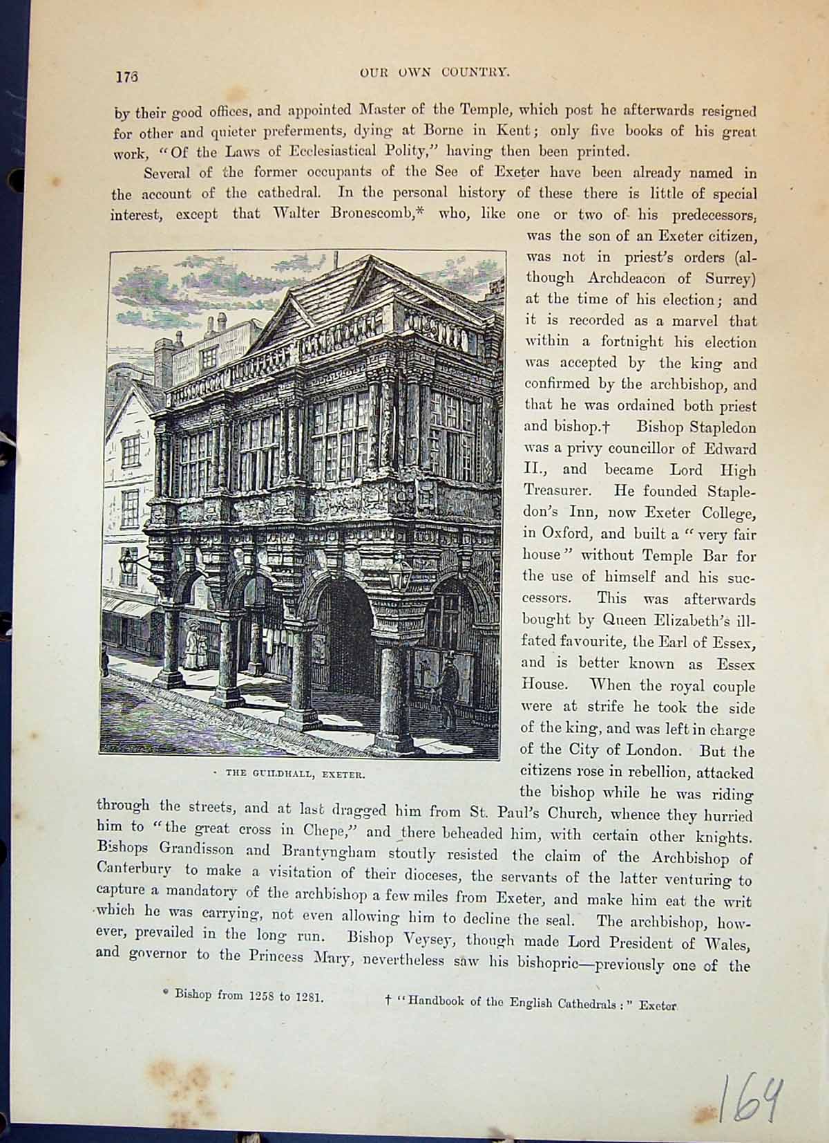 Antique Print Exterior Guildhall Exeter England Architecture Cassell C1882 19th