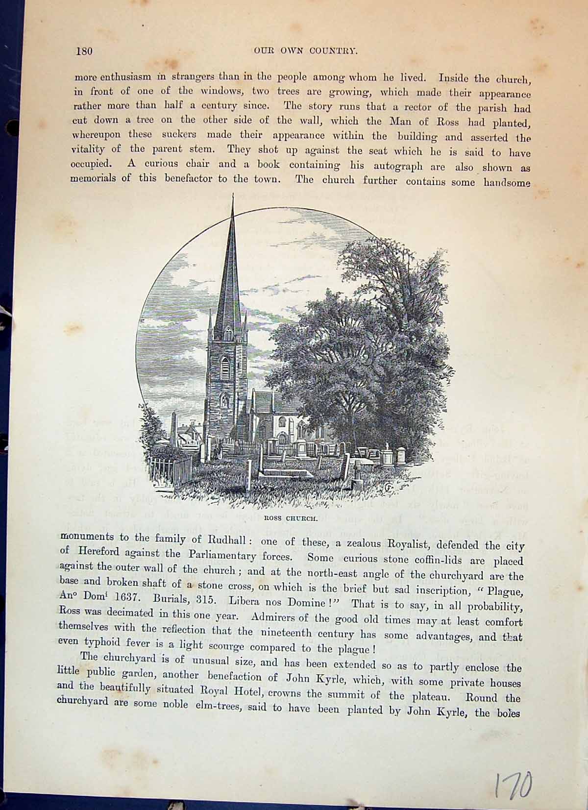 Antique Old Print Ross Church Exterior Churchyard Architecture Cassell C1882