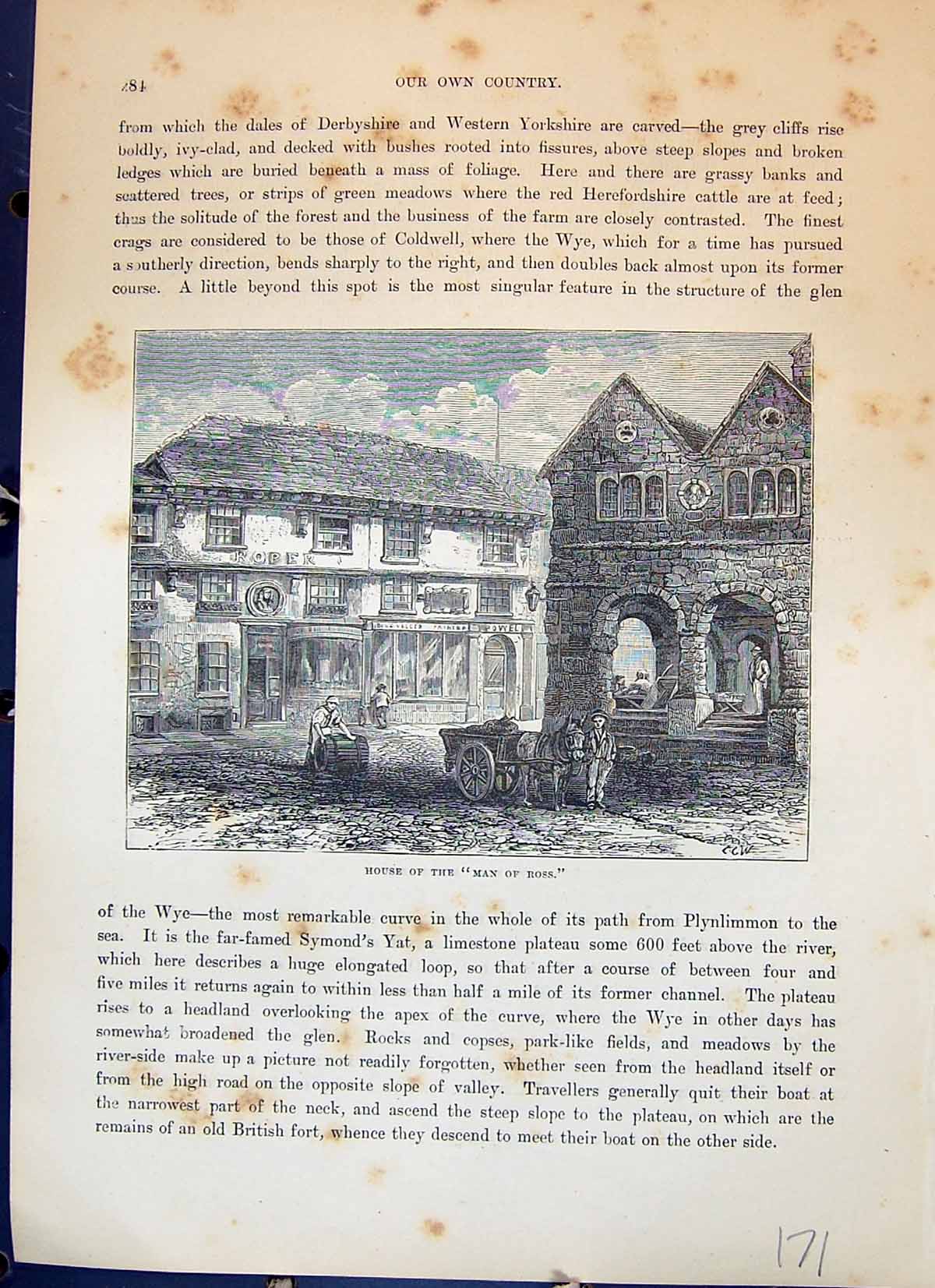 Old Antique Print House Man Ross Street Scene Donkey Cart Cassell C1882 19th