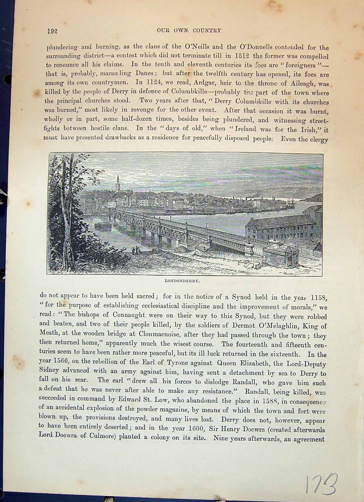 Old Antique Print View Londonderry Ireland Railway Bridge Cassell C1882 19th