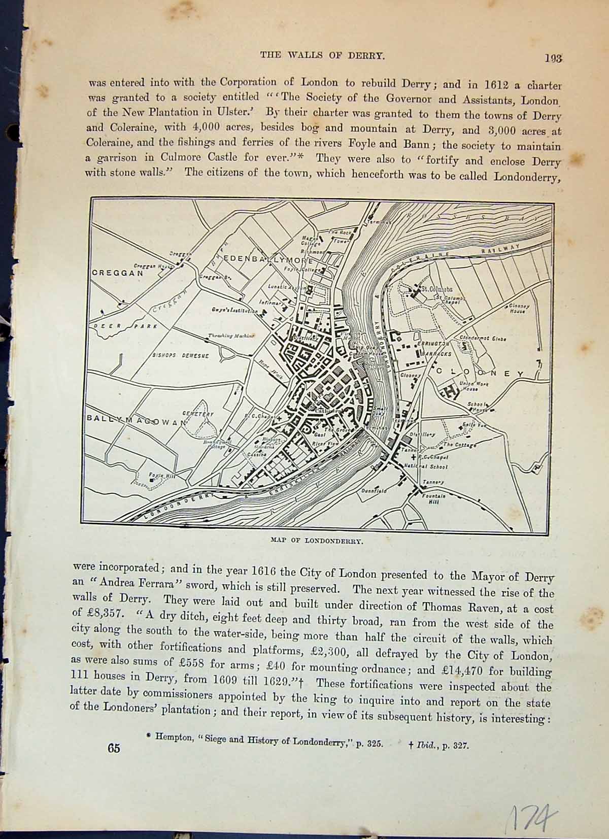 Old Map Londonderry Ireland Street Plan Creggan Clooney Cassell C1882 Victorian