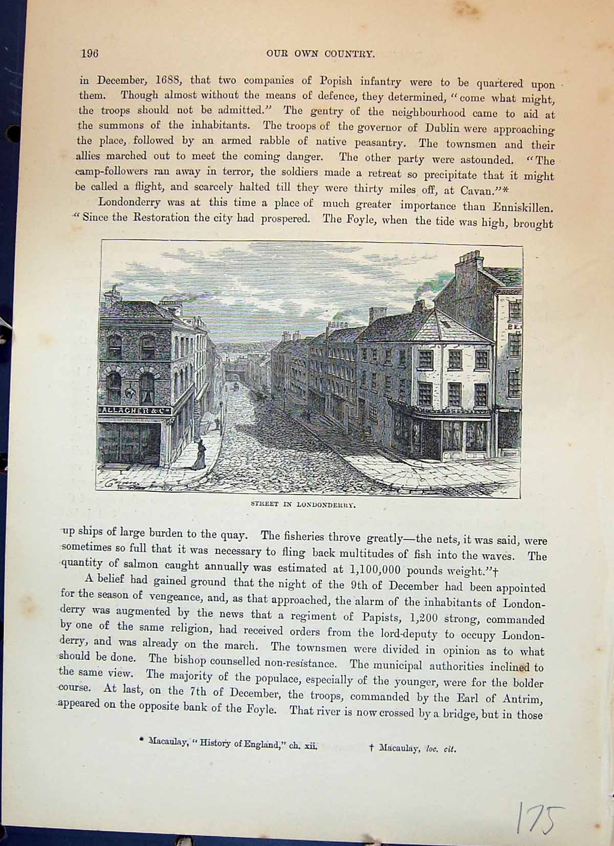Antique Old Print Street Scene Londonderry Ireland Architecture Cassell C1882
