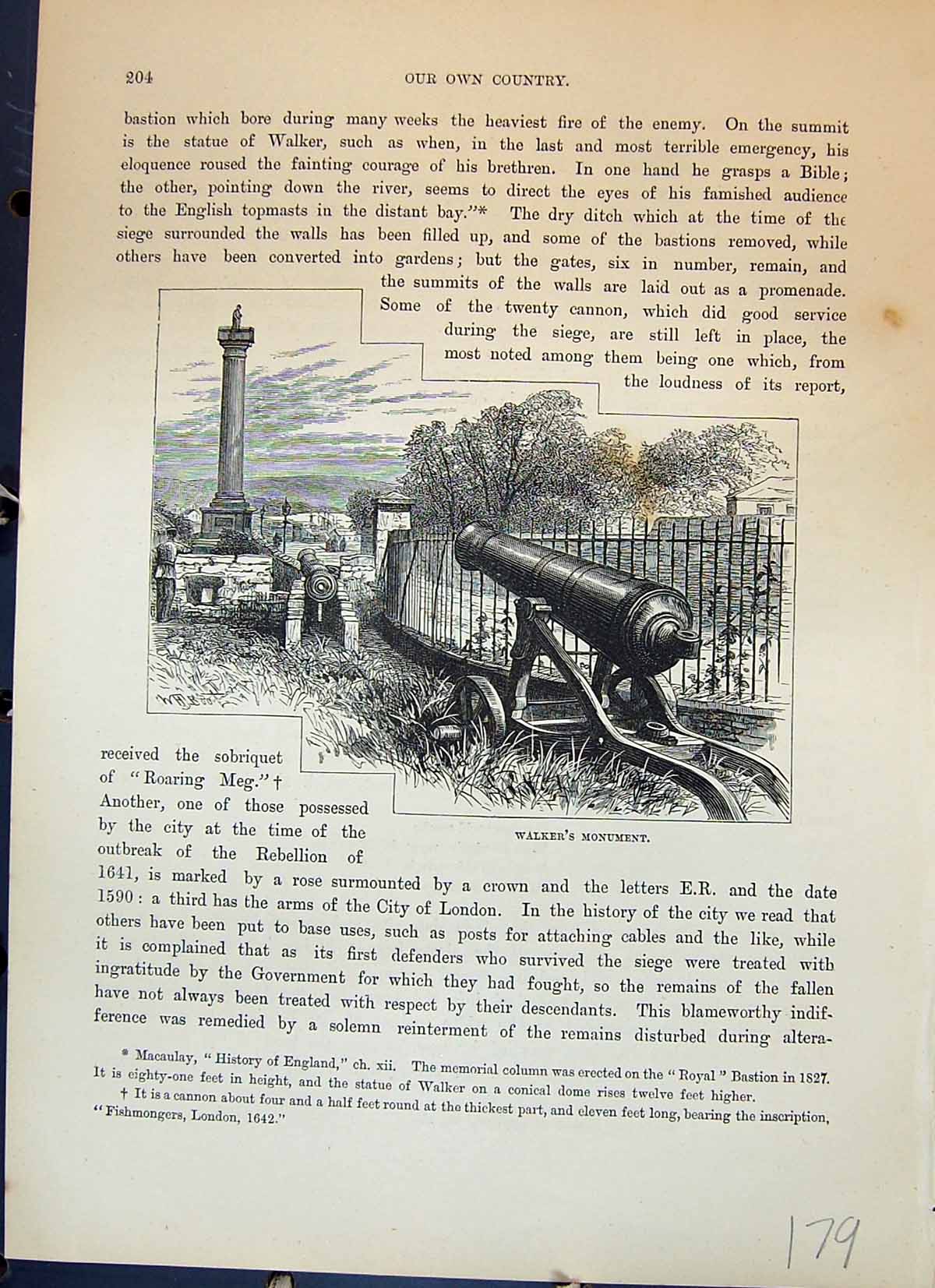 Original Old Antique Print Walker'S Monument War Gun Ireland Cassell C1882 19th