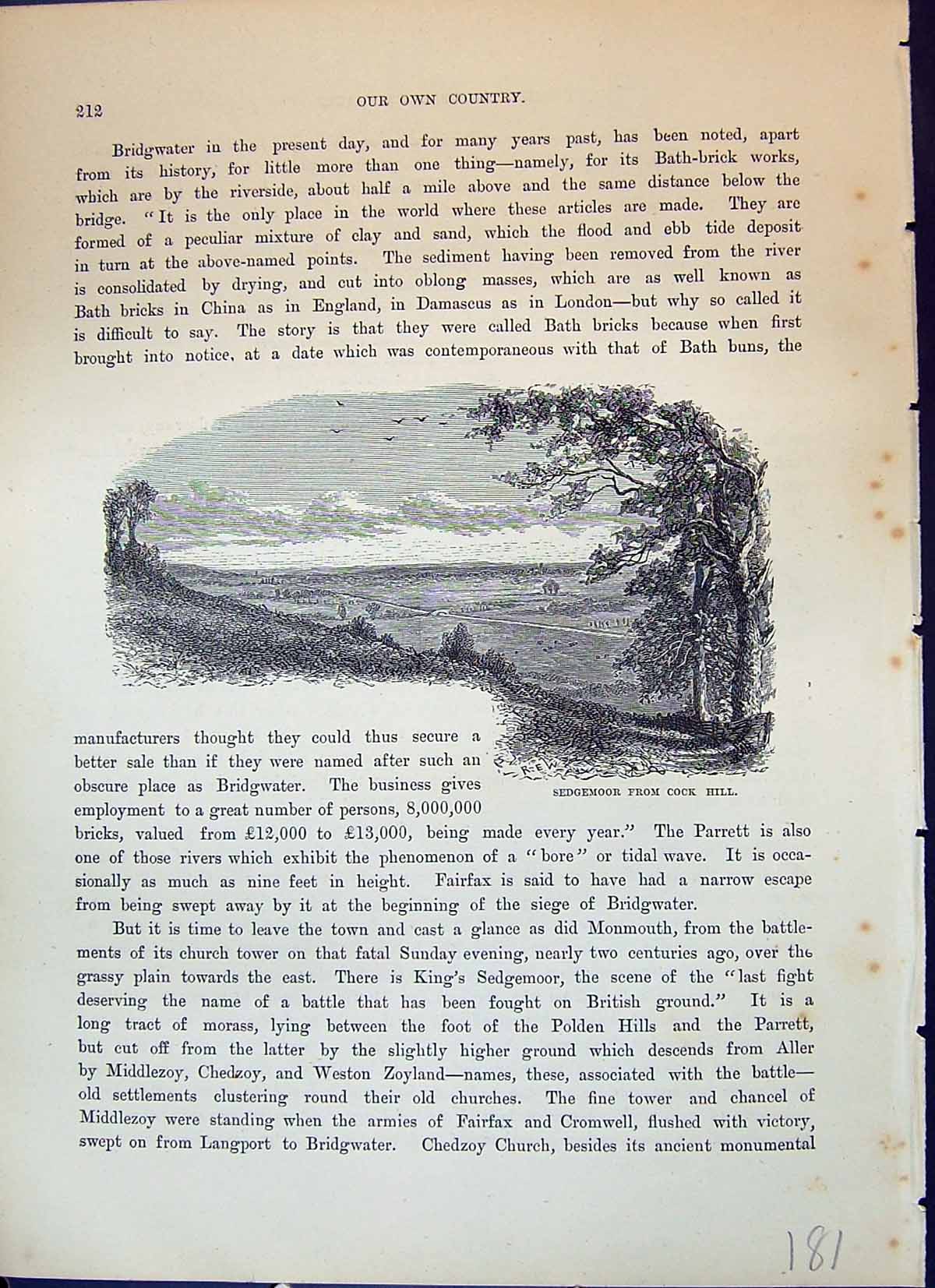 Original Old Antique Print Sedgemoor Cock Hill Countryside Cassell C1882 19th