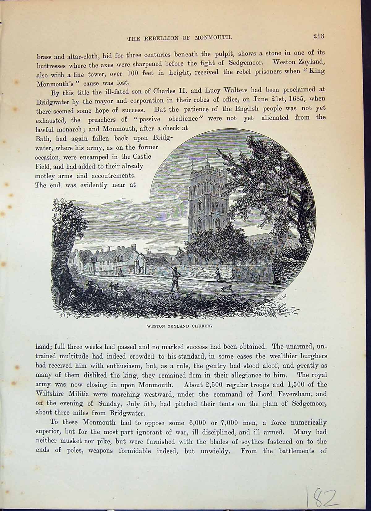 Original Old Antique Print Weston Zoyland Church Architecture Cassell C1882