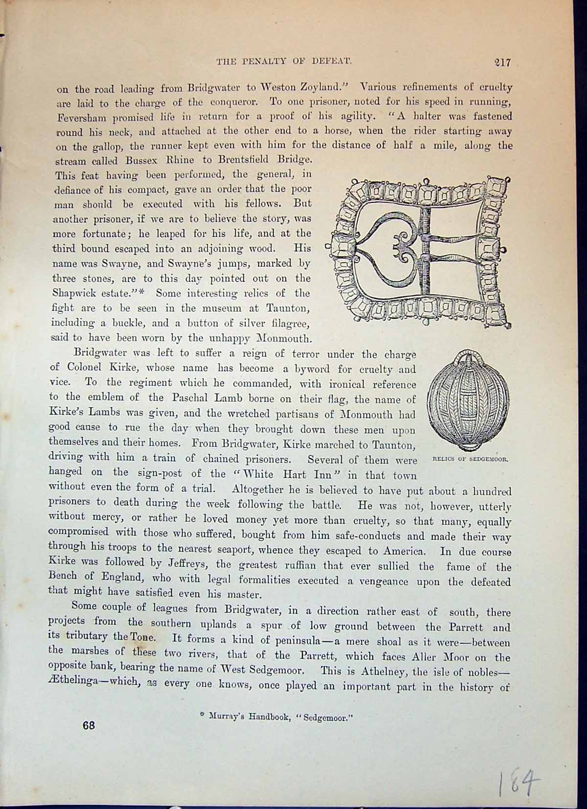 Original Old Antique Print Relics Sedgemoor Archaeology Cassell C1882 Victorian