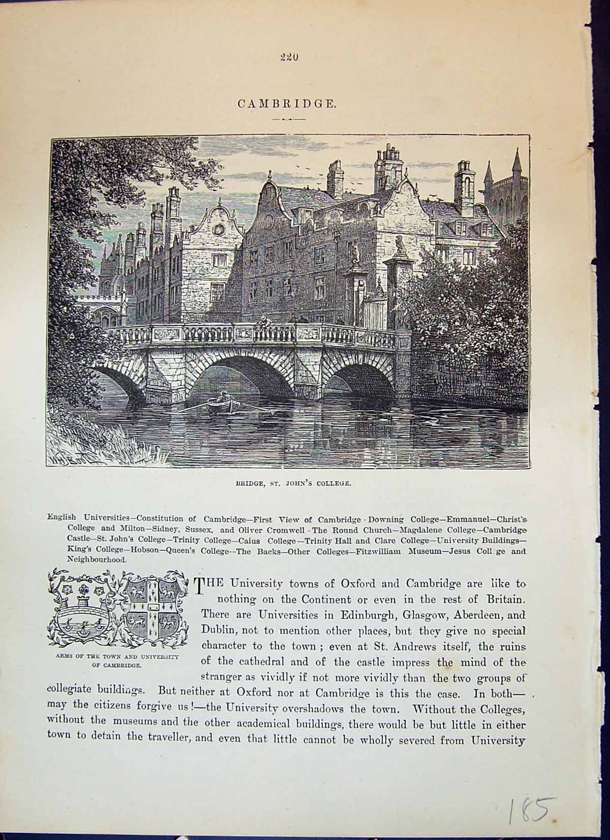 Antique Print River Bridge St. John'S College Cambridge Arms Cassell C1882 19th