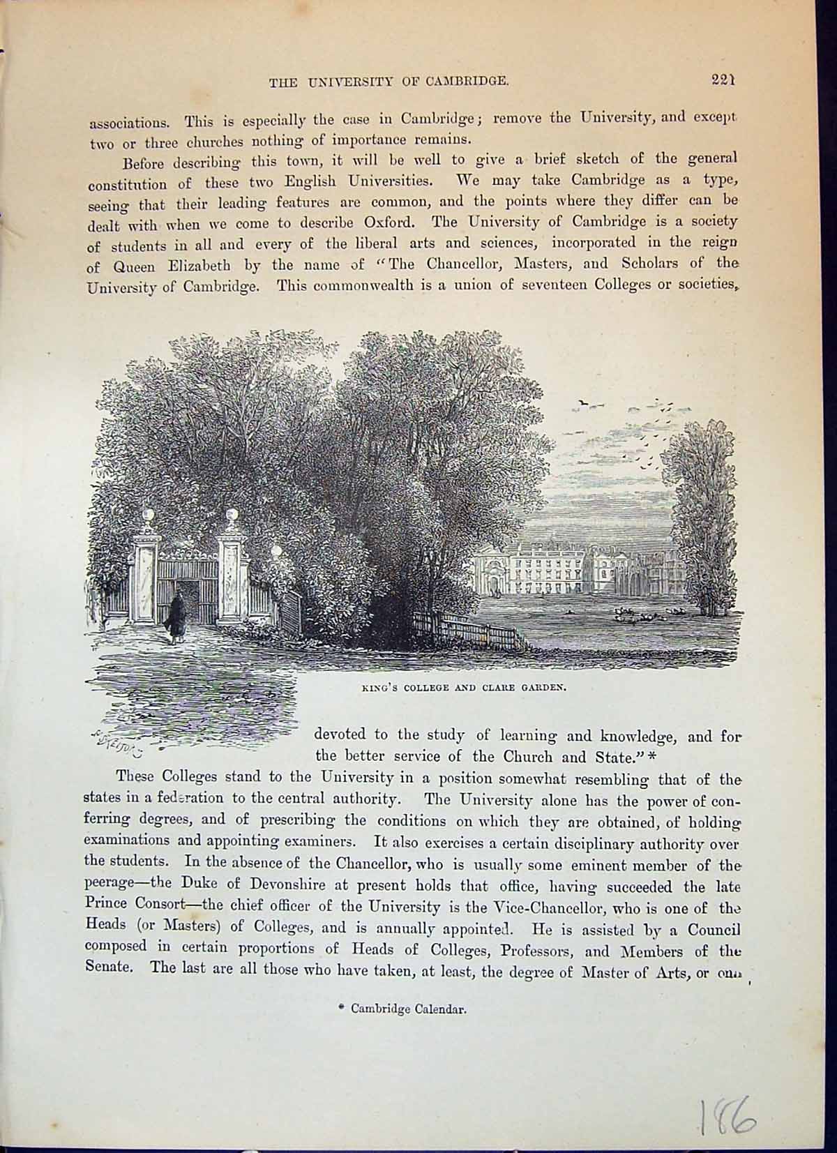 Original Old Antique Print King'S College Clare Garden Cambridge Cassell C1882