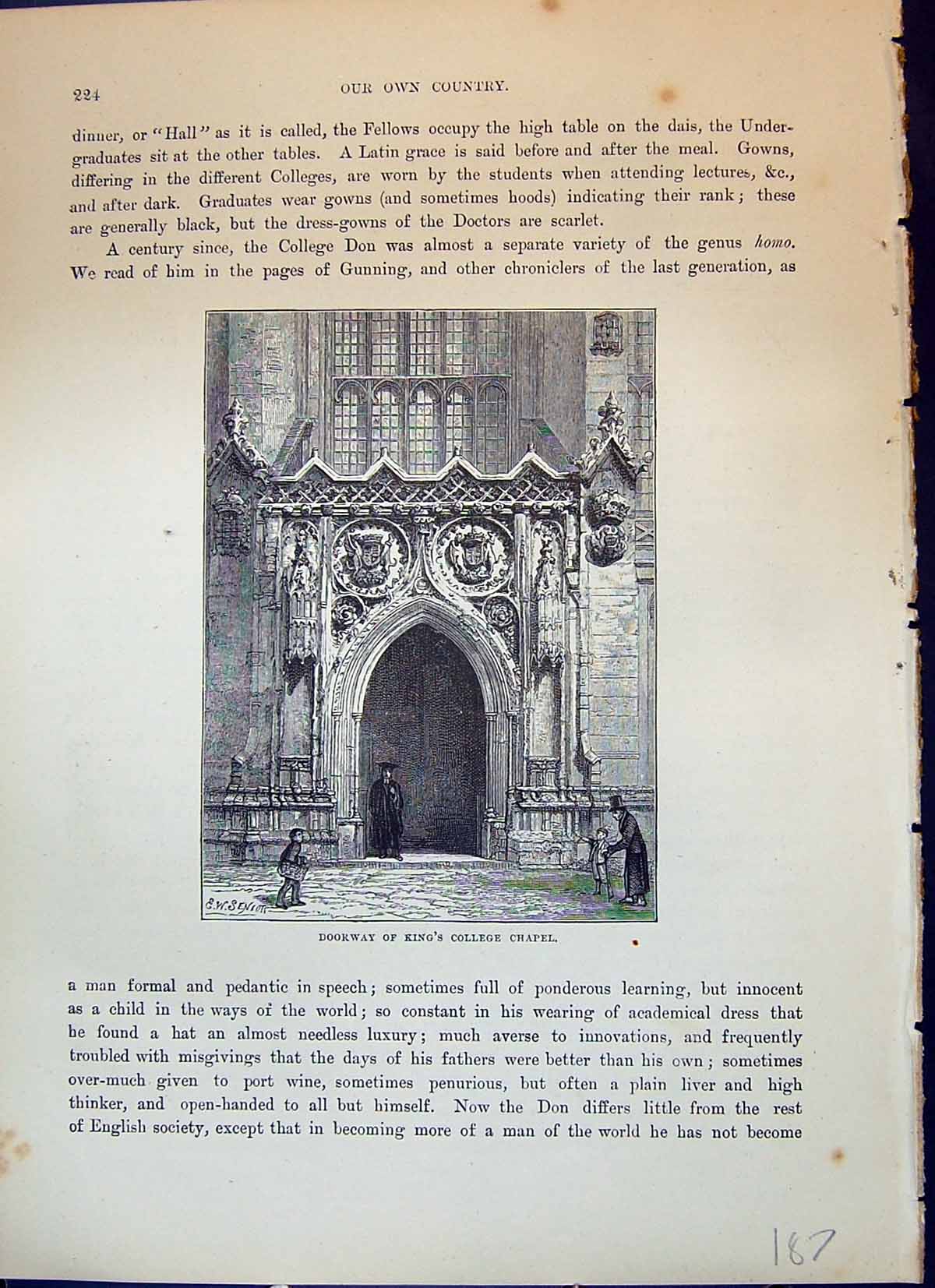 Antique Old Print Doorway King'S College Chapel Architecture Cassell C1882 19th