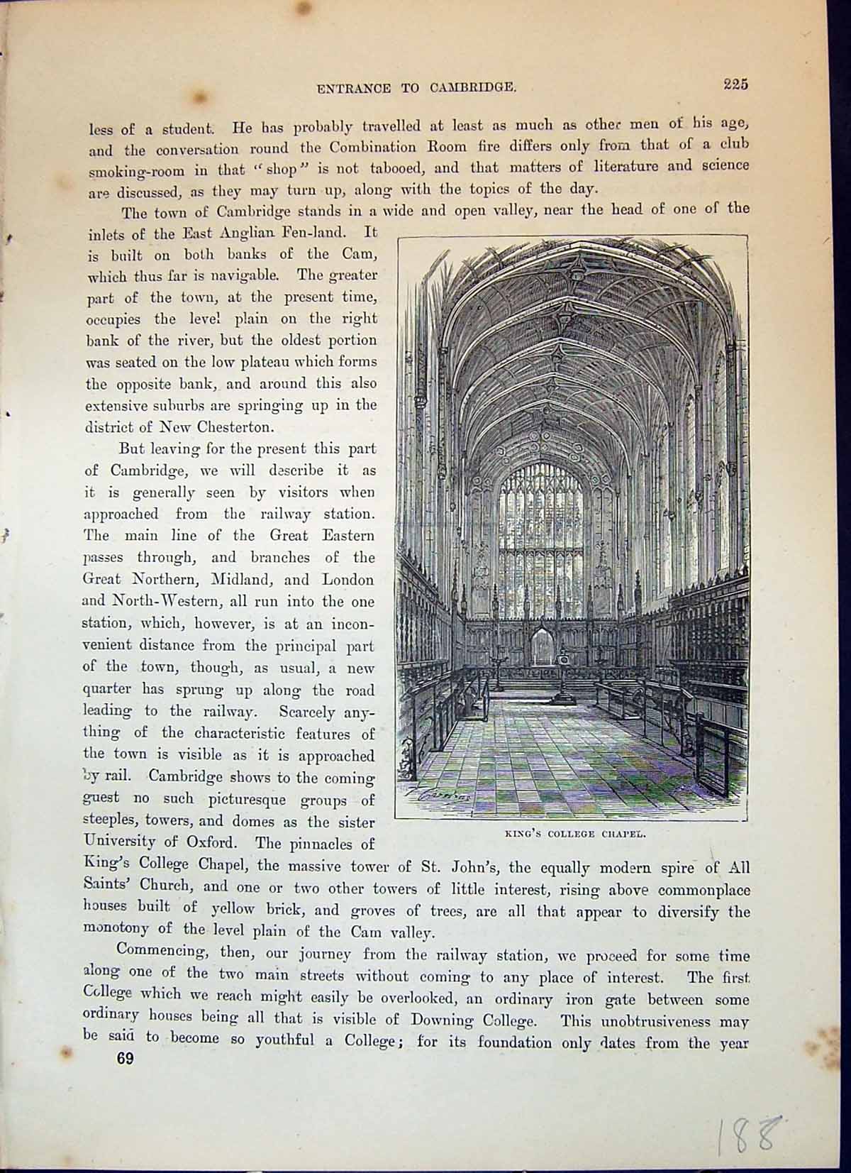 Antique Old Print King'S College Chapel Cambridge Architecture Cassell C1882