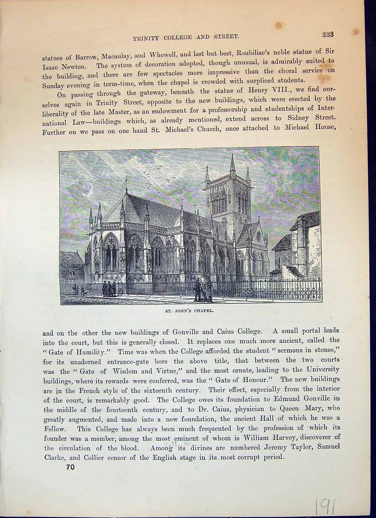 Old Antique Print St. John'S Chapel Cambridge Architecture Cassell C1882 19th
