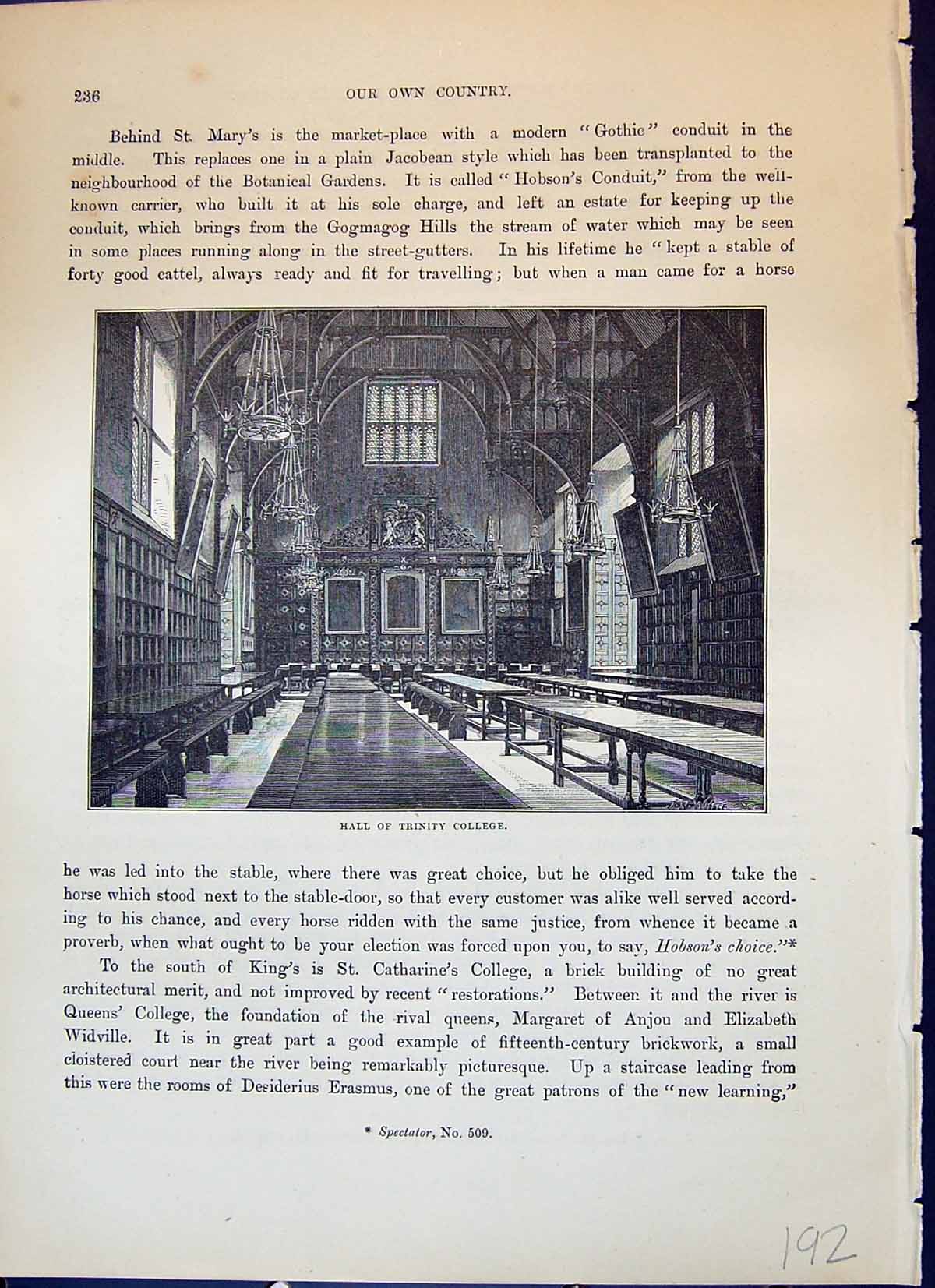 Original Old Antique Print Hall Trinity College Cambridge England Cassell C1882