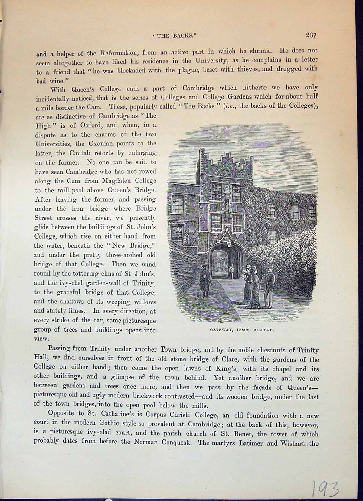 Original Old Antique Print Gateway Jesus College Architecture Cassell C1882