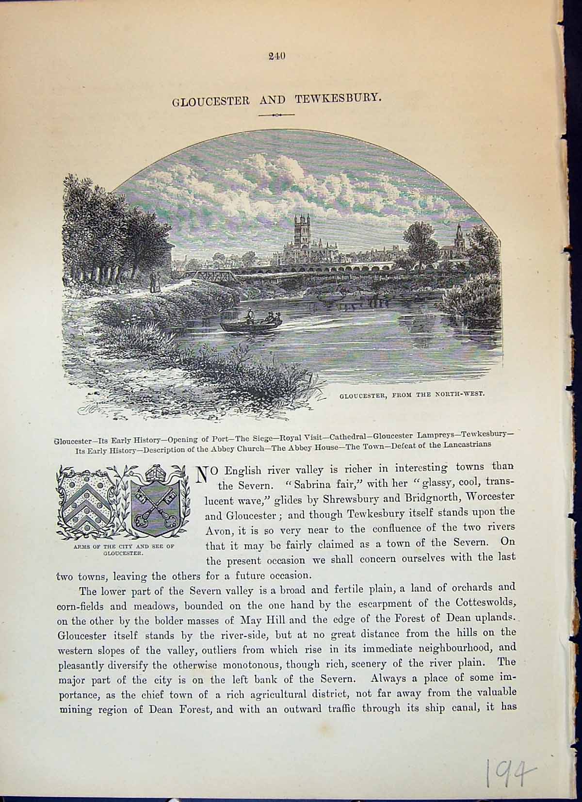 Old Antique Print View Gloucester Arms River Boat Cathedral Cassell C1882 19th