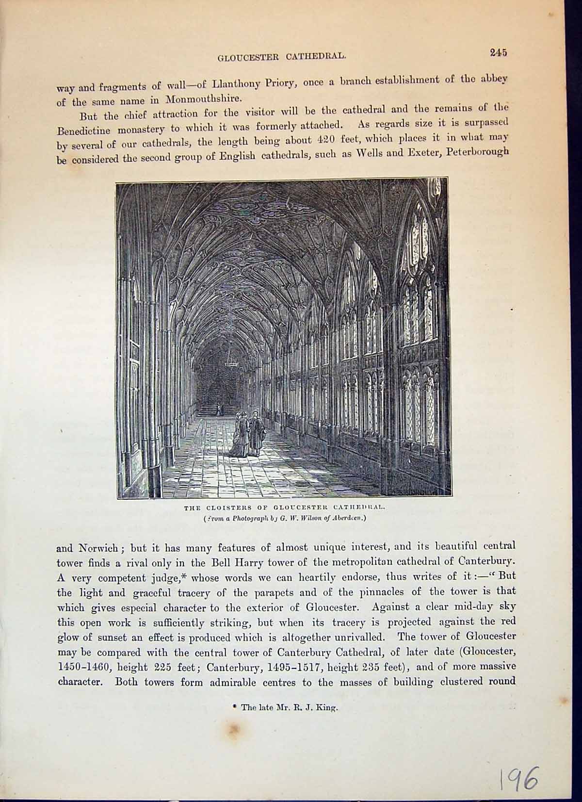 Antique Old Print Cloisters Gloucester Cathedral Architecture Cassell C1882