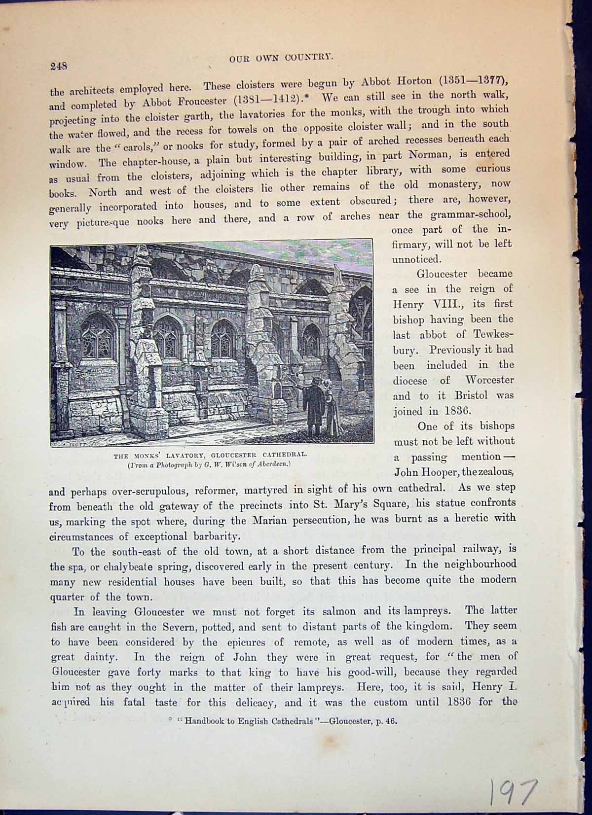 Old Print Monks Lavatory Gloucester Cathedral Architecture Cassell C1882 19th