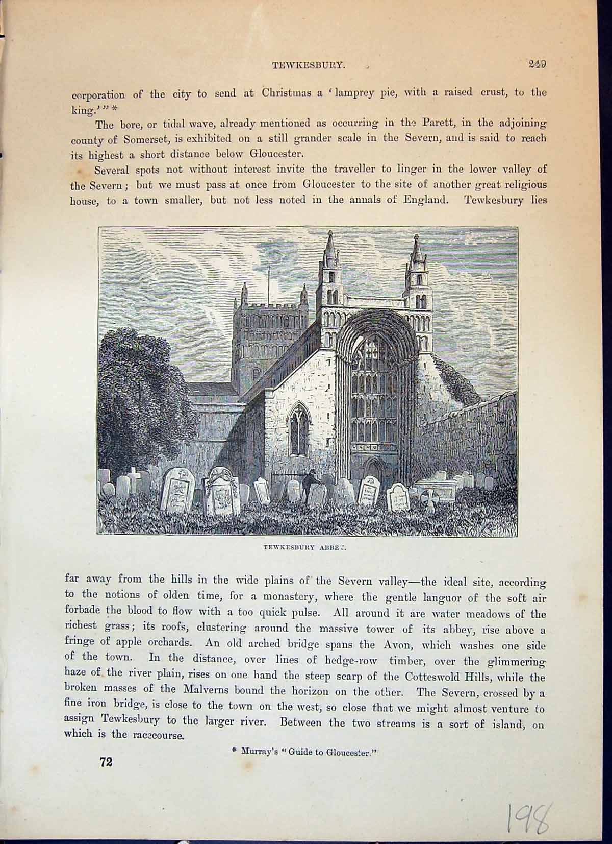 Old Antique Print Tewkesbury Abbey Gravestones Architecture Cassell C1882 19th