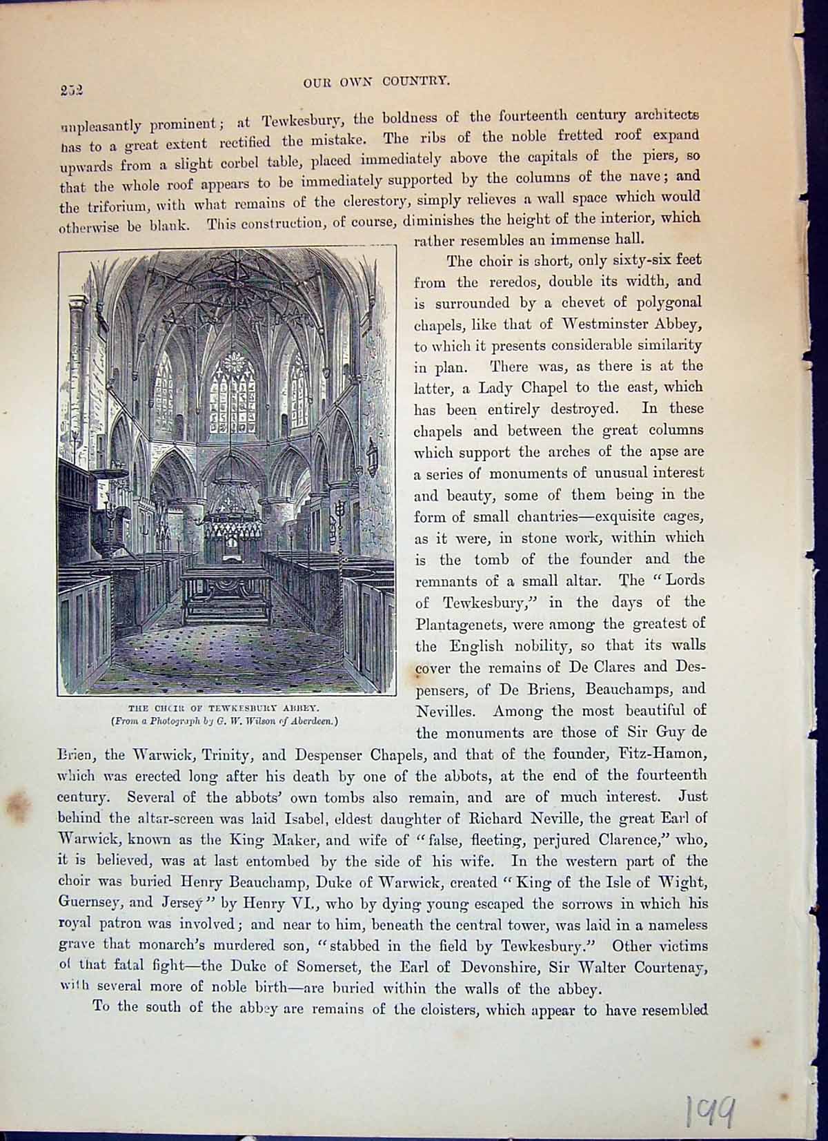 Original Old Antique Print Choir Tewkesbury Abbey Architecture Cassell C1882